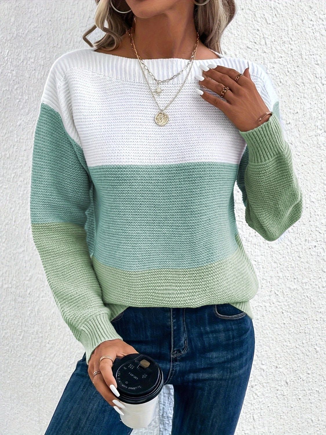 Stylish Color Block Boat Neck Sweater for Women | Trendy Knit Pullover | Perfect for Fall Layering & Casual Outfits