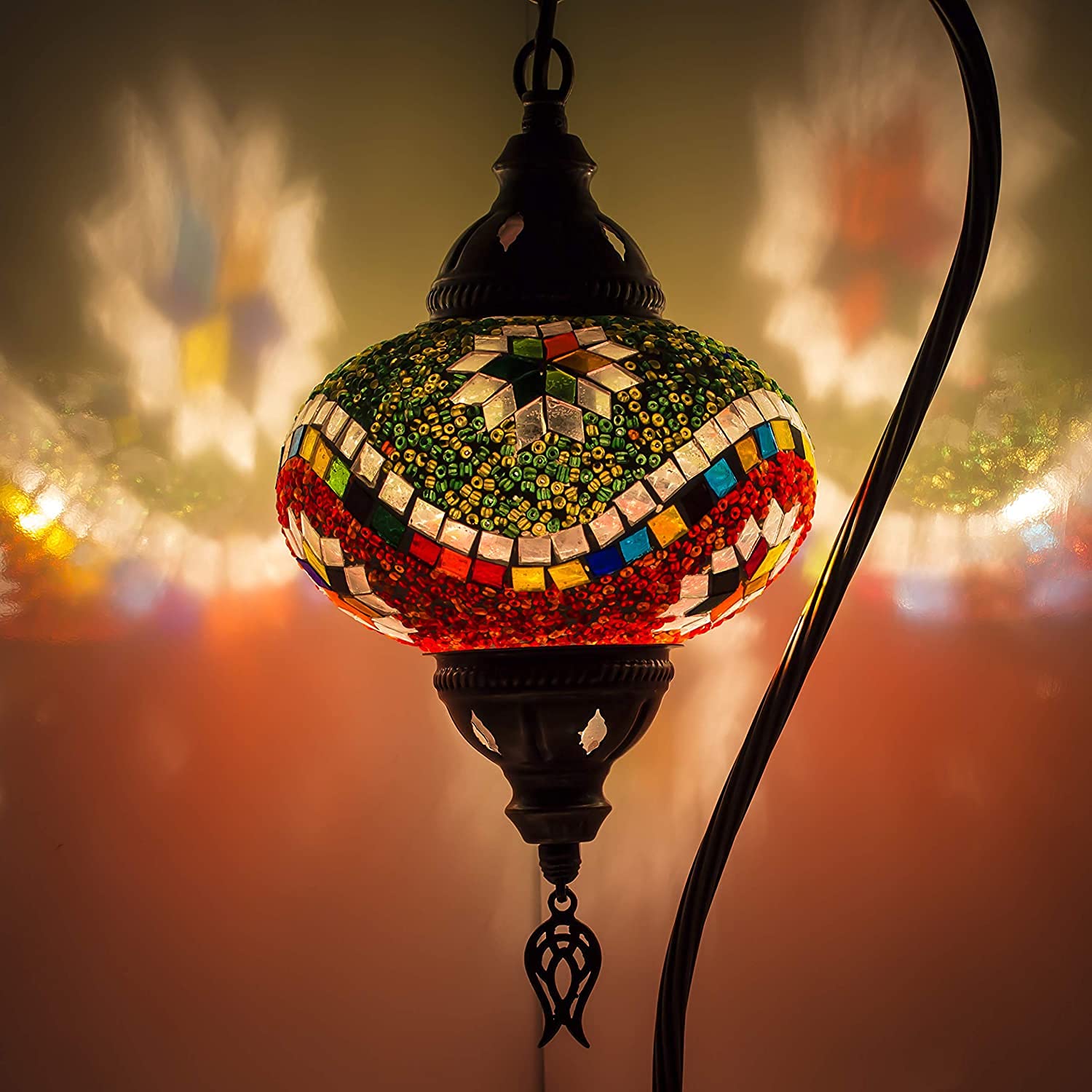 Handmade Turkish Moroccan Mosaic Table Lamp - 6 Color Variations, Tiffany Style Bohemian Glass Swan Neck Design with LED Bulb (Brown) - Perfect for Bedroom, Living Room & Boho Home Decor