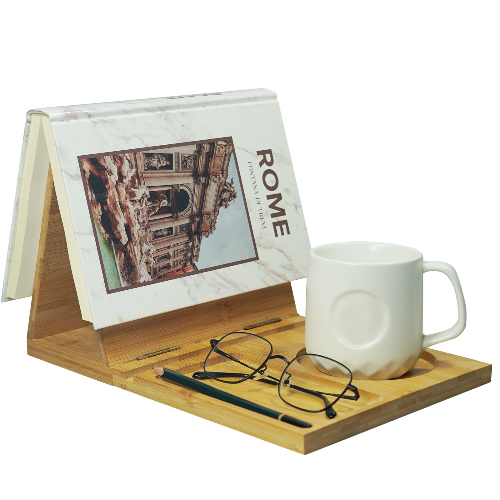 Foldable Bamboo Book Holder with Cup & Pen Holder - Adjustable Reading Stand for Books, Tablets, Kindles - Perfect Gift for Book Lovers & Office Use