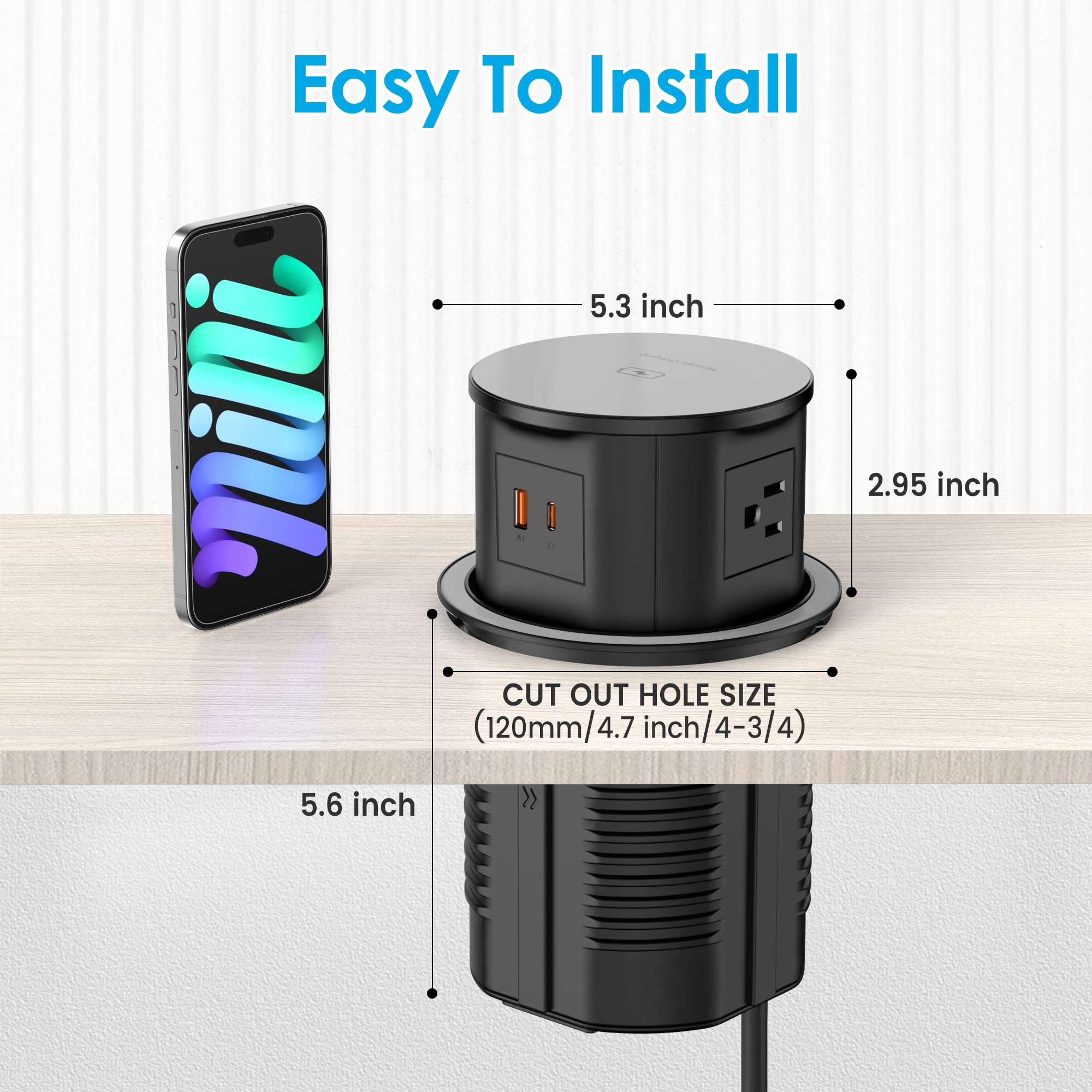 15W Wireless Charger Pop Up Outlet with 4 AC Outlets & 20W PD USB Fast Charging - 4.75