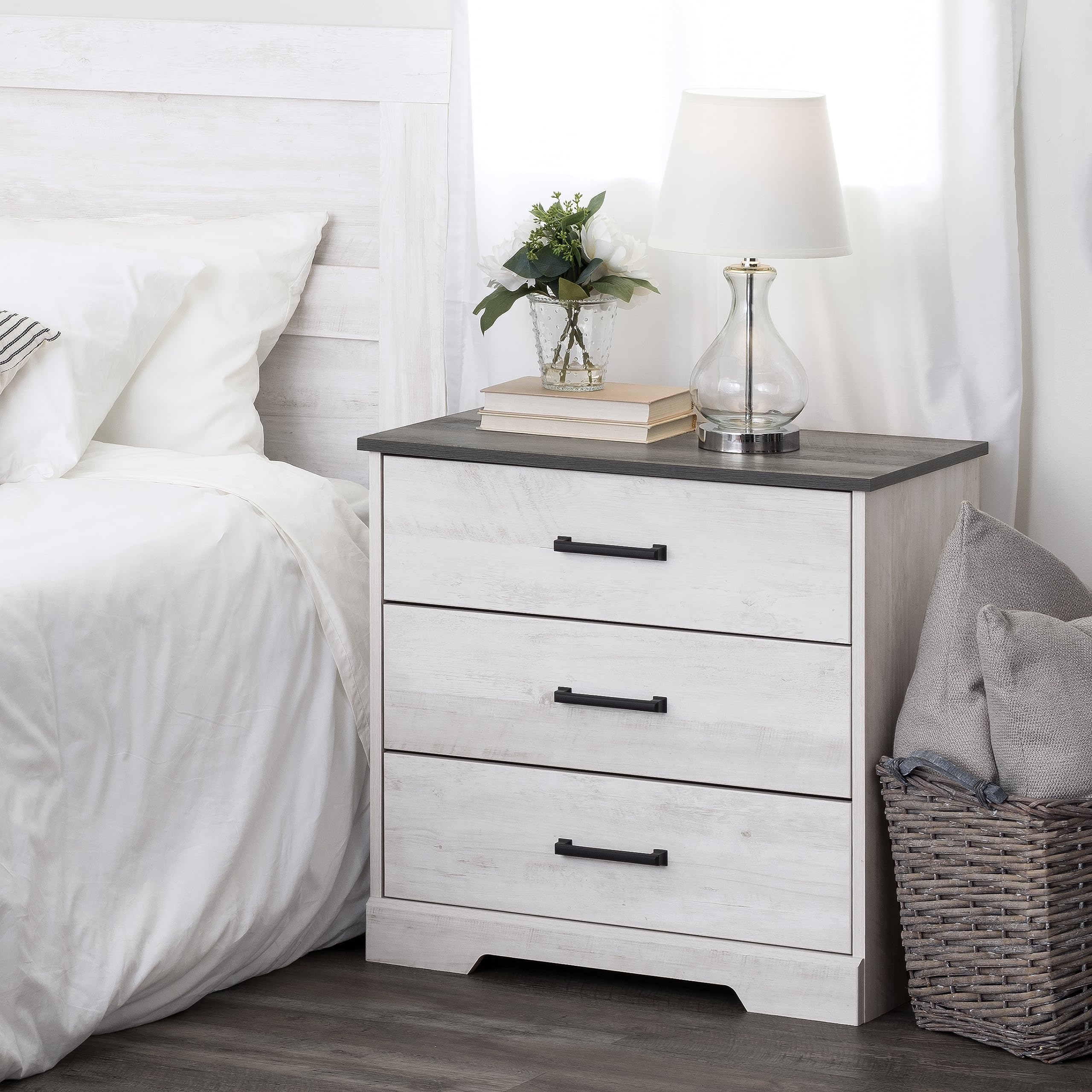 Rustic Farmhouse Nightstand with 3 Drawers - Solid Wood Bedroom Dresser Chest, 16.25
