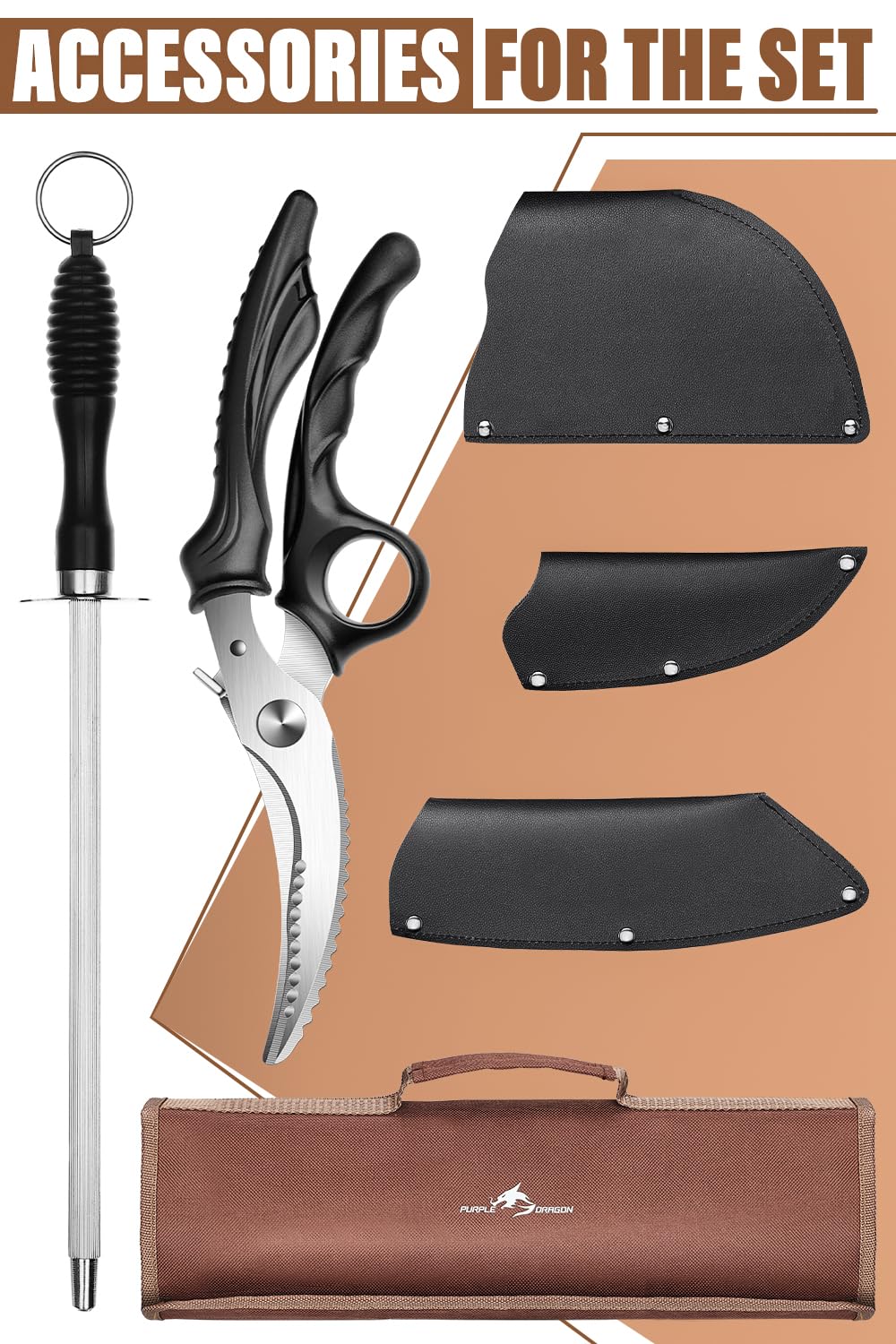9-Piece Purple Dragon Chef Knife Set - High Carbon Steel Hand-Forged Kitchen Knives with Boning, Carving & Cleaver Knives - Includes Roll Bag for Storage - Perfect for Home Cooking, BBQ & Camping