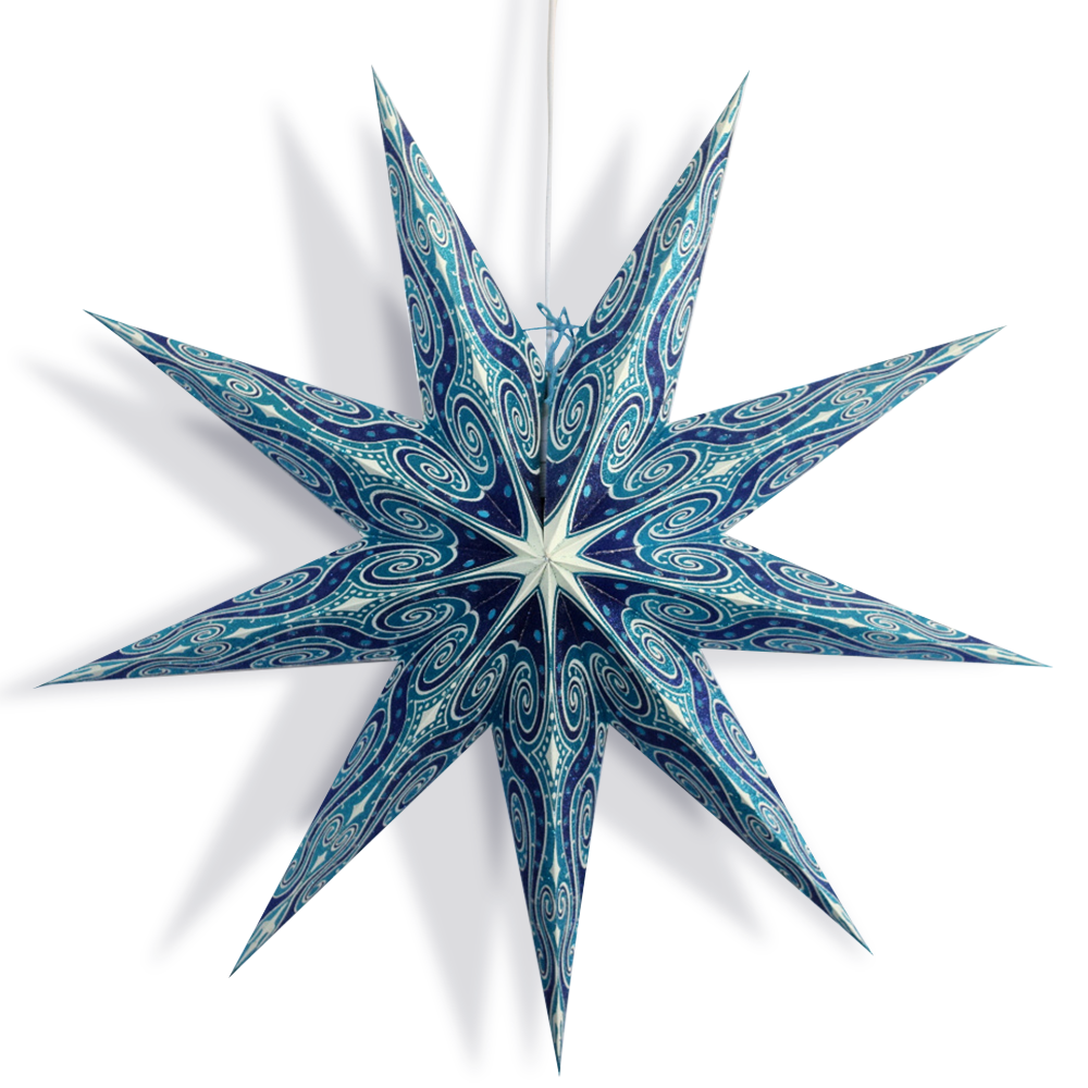 24 Pack Turquoise Blue Mouri Glitter 9-Point Paper Star Lanterns - Hanging Party Decorations for Christmas, Wedding, Baby Shower & Home Decoration