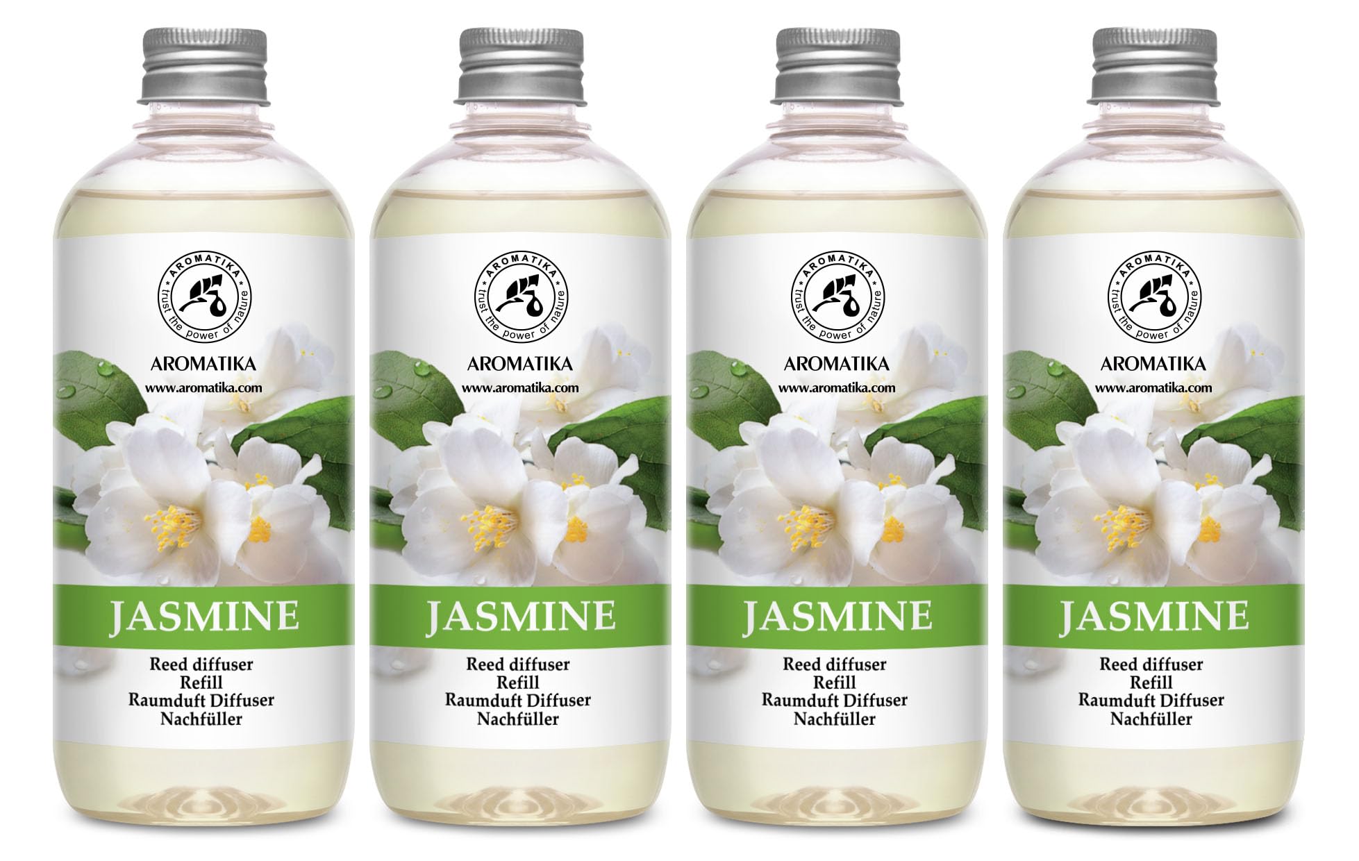 Jasmine Reed Diffuser Refill - 4 Pack 17 Fl Oz Bottles - Long Lasting Floral Scented Home Fragrance Oil - Aromatherapy Air Freshener for Living Room, Bedroom, Bathroom & Office - Relaxing & Stress Relief Essential Oil Diffuser