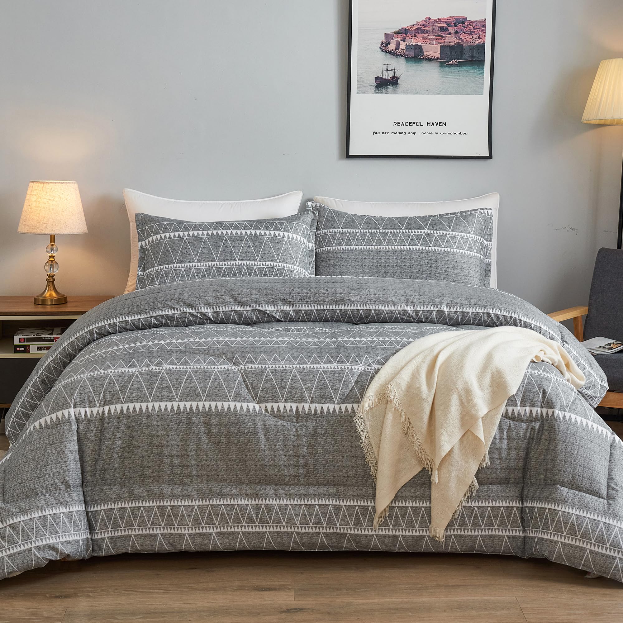 **Andency California King Comforter Set - 3 Piece Grey Bohemian Geometric Bedding, Lightweight Microfiber Down Alternative Comforter & 2 Pillowcases - Perfect for Summer, Guest Rooms & Cozy Bedroom Decor**