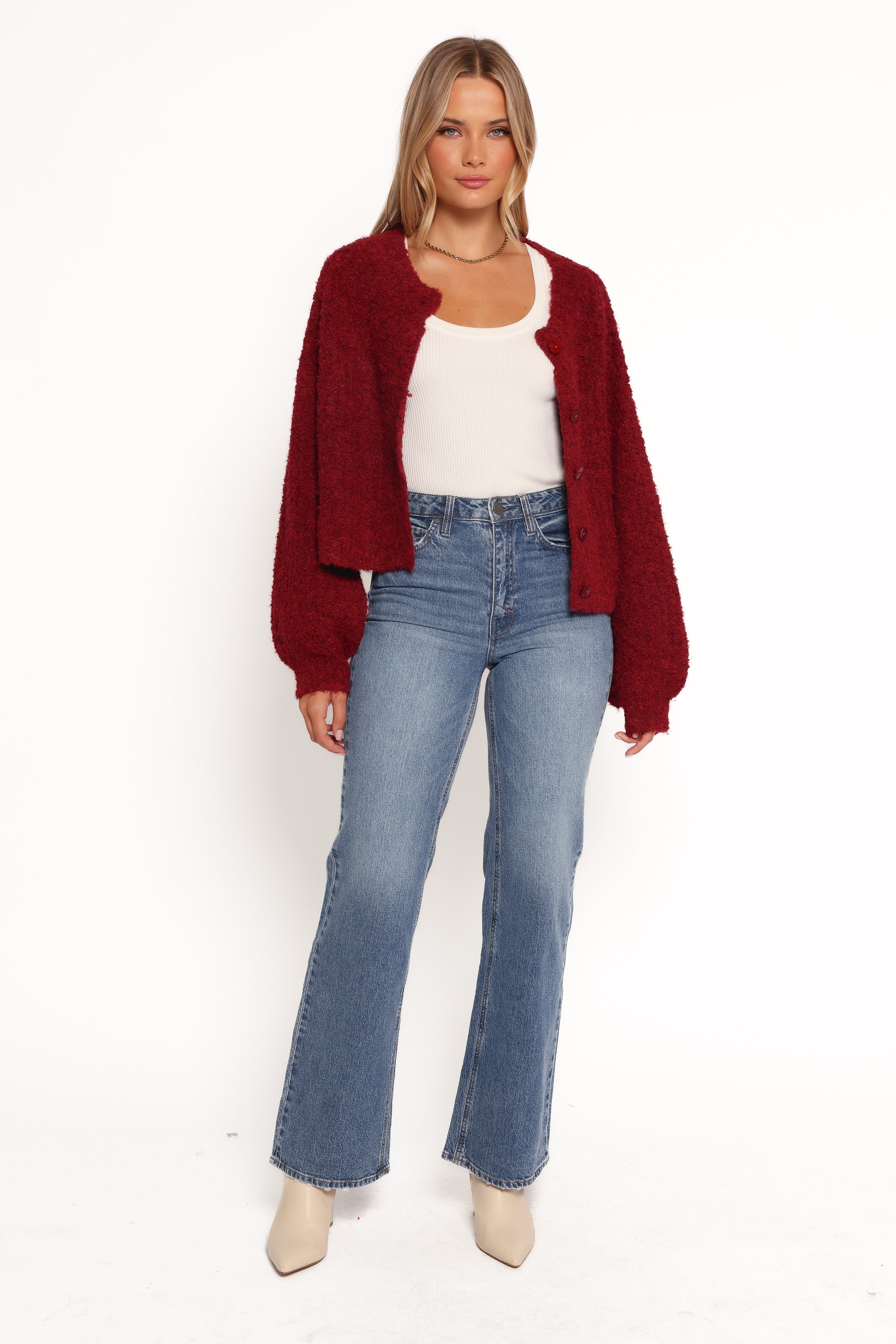Albertine Cardigan for Women - Elegant Wine Red Knit Sweater | Cozy Fall & Winter Fashion | Perfect for Office, Dates, and Casual Outings
