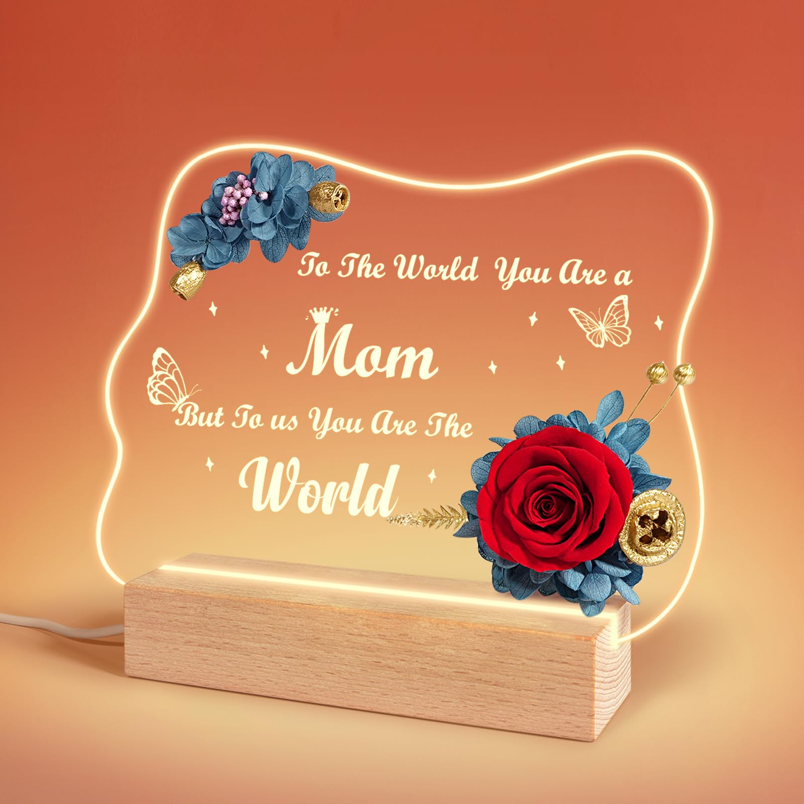 Sunia Preserved Real Rose Night Light - Forever Rose Acrylic Engraved Gift for Mom, Stepmom, Women | Birthday, Mother's Day, Appreciation Present from Daughter or Son | Romantic Bedroom, Living Room, Office Decor