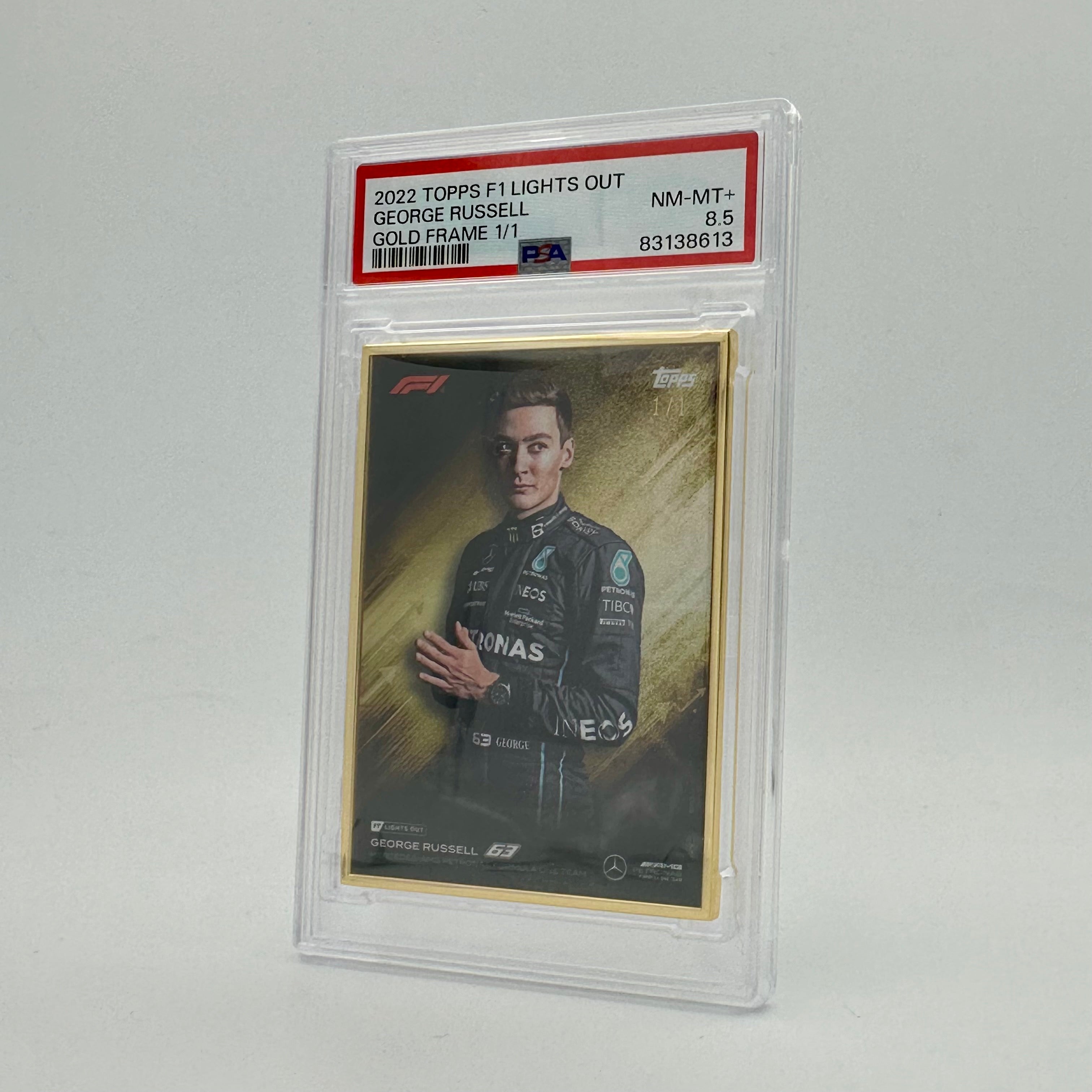 2022 George Russell Lights Out PSA 8.5 Graded Gold Frame Racing Card - Perfect for F1 Collectors & Motorsport Memorabilia Displays