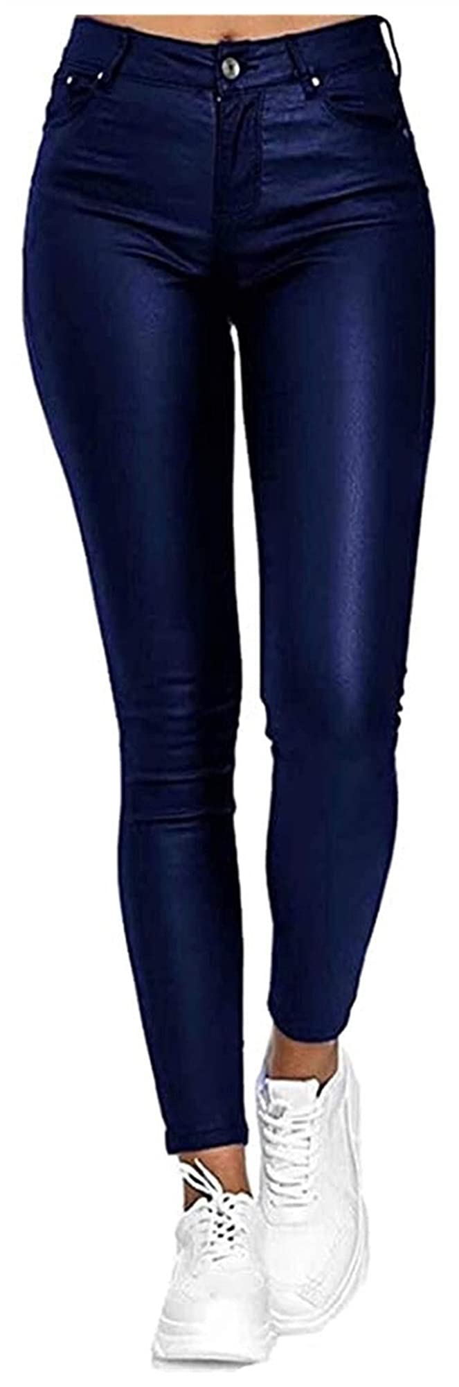 Women's Faux Leather Leggings - High Waist Stretchy Skinny Pants PU Leather Look Pencil Pants for Workout, Office & Night Out