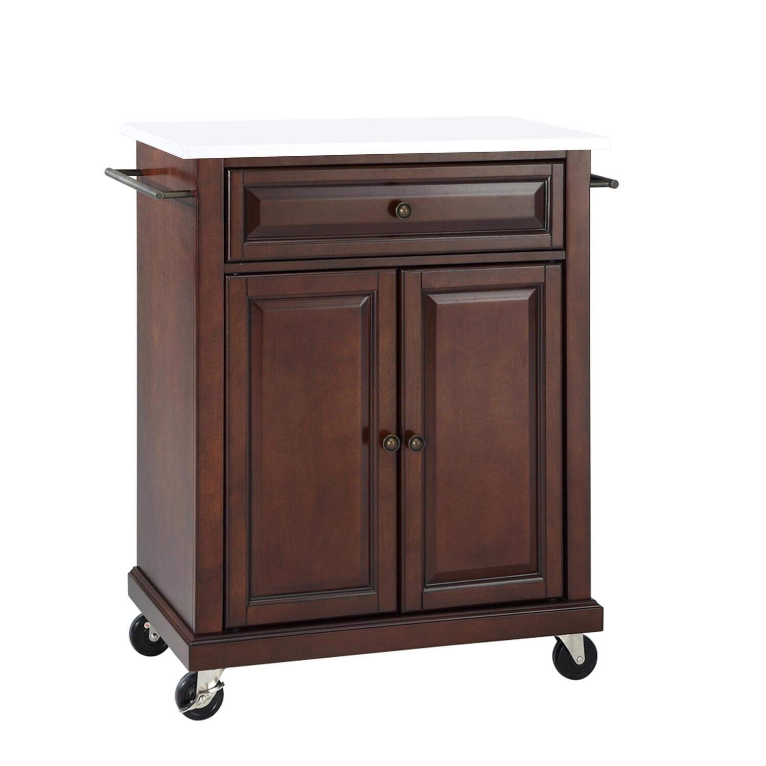 Crosley Compact Kitchen Island with Solid White Granite Top & Mahogany Base - Space-Saving Kitchen Cart for Small Spaces, Breakfast Bar & Extra Countertop Storage