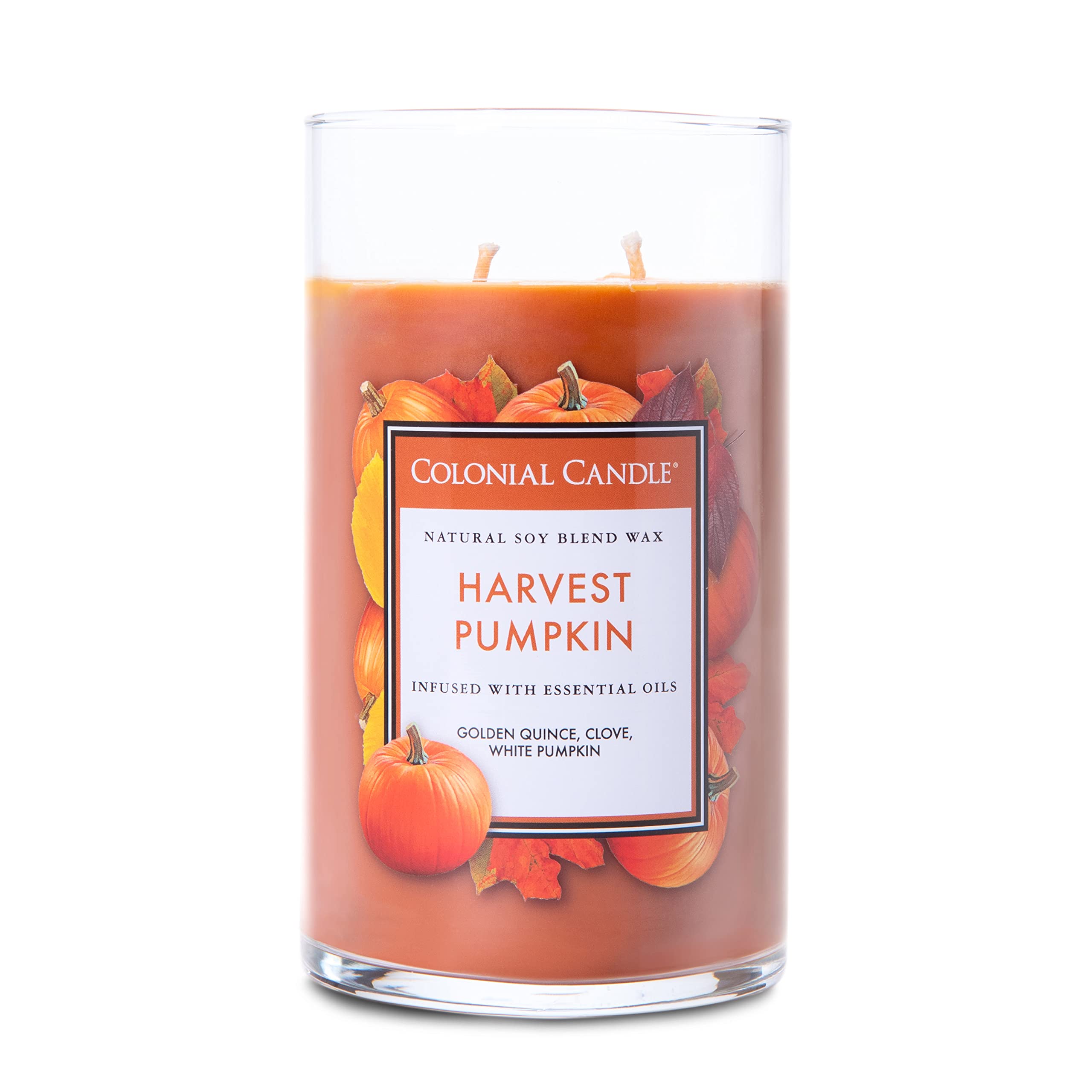Colonial Candle Harvest Pumpkin Scented Jar Candle - Classic Cylinders Collection, 2-Wick, 19oz Orange Candle with 120-Hour Burn Time | Fall Home Decor, Thanksgiving Centerpiece, Cozy Autumn Ambiance