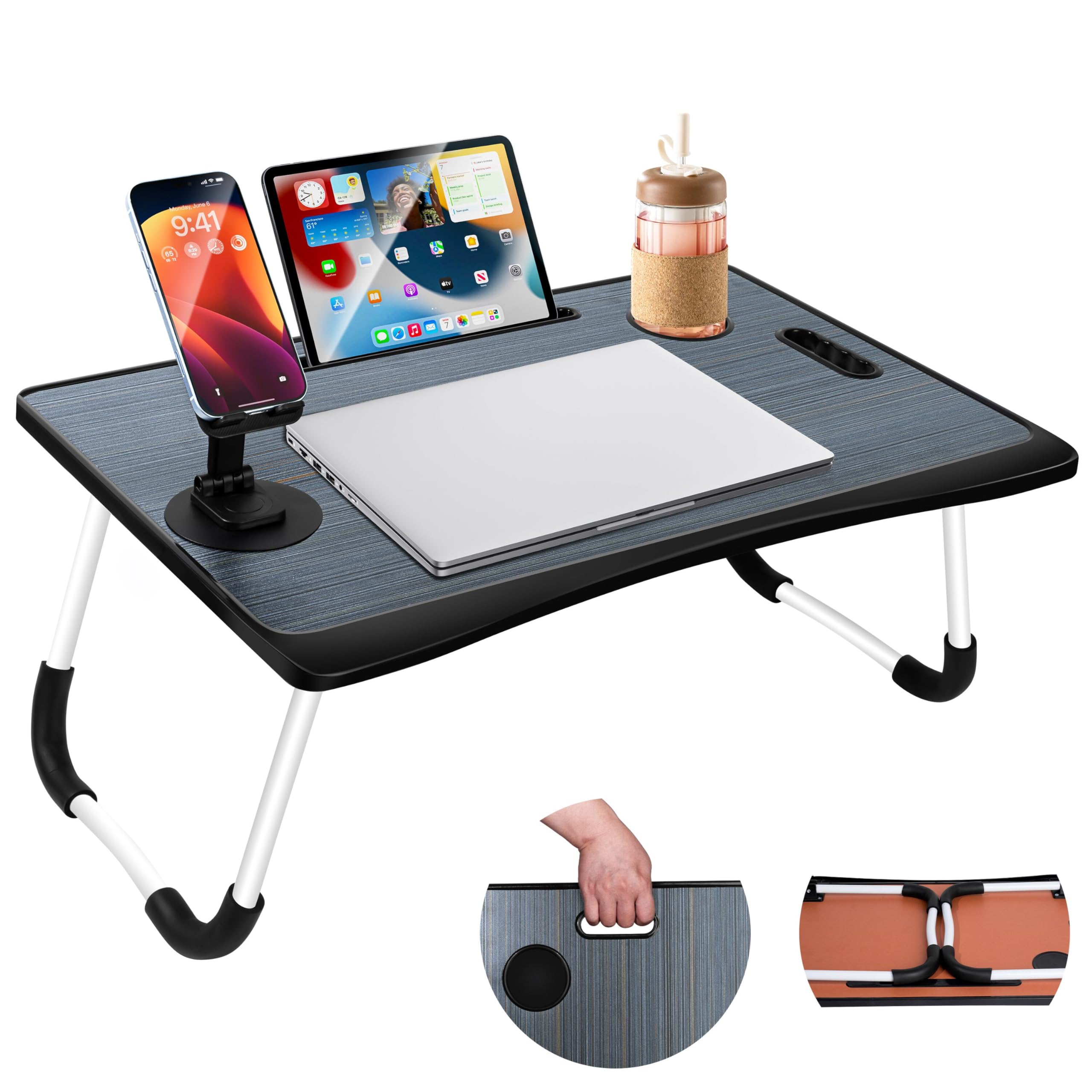 4-in-1 Foldable Laptop Desk with Cup Holder & Tablet Slot - Portable Lap Desk for Bed, Couch, Office & Travel - Perfect for Breakfast, Reading, Writing & Working in Bed - Black