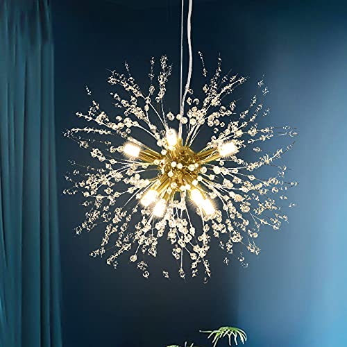 Qamra Modern Gold Crystal Chandelier - Firework Dandelion Sputnik Pendant Light Fixture for Living Room, Dining Room, Bedroom, Kitchen (8-Light, Gold) | Elegant Ceiling Lighting for Home Decor, Wedding Venues & Luxury Hotels