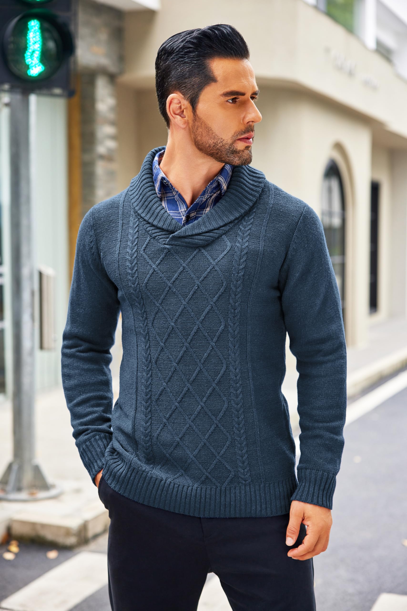 COOFANDY Men's Shawl Collar Sweater - V-Neck Cable Knit Pullover for Relaxed Fit | Casual Winter Wear & Office Outfits