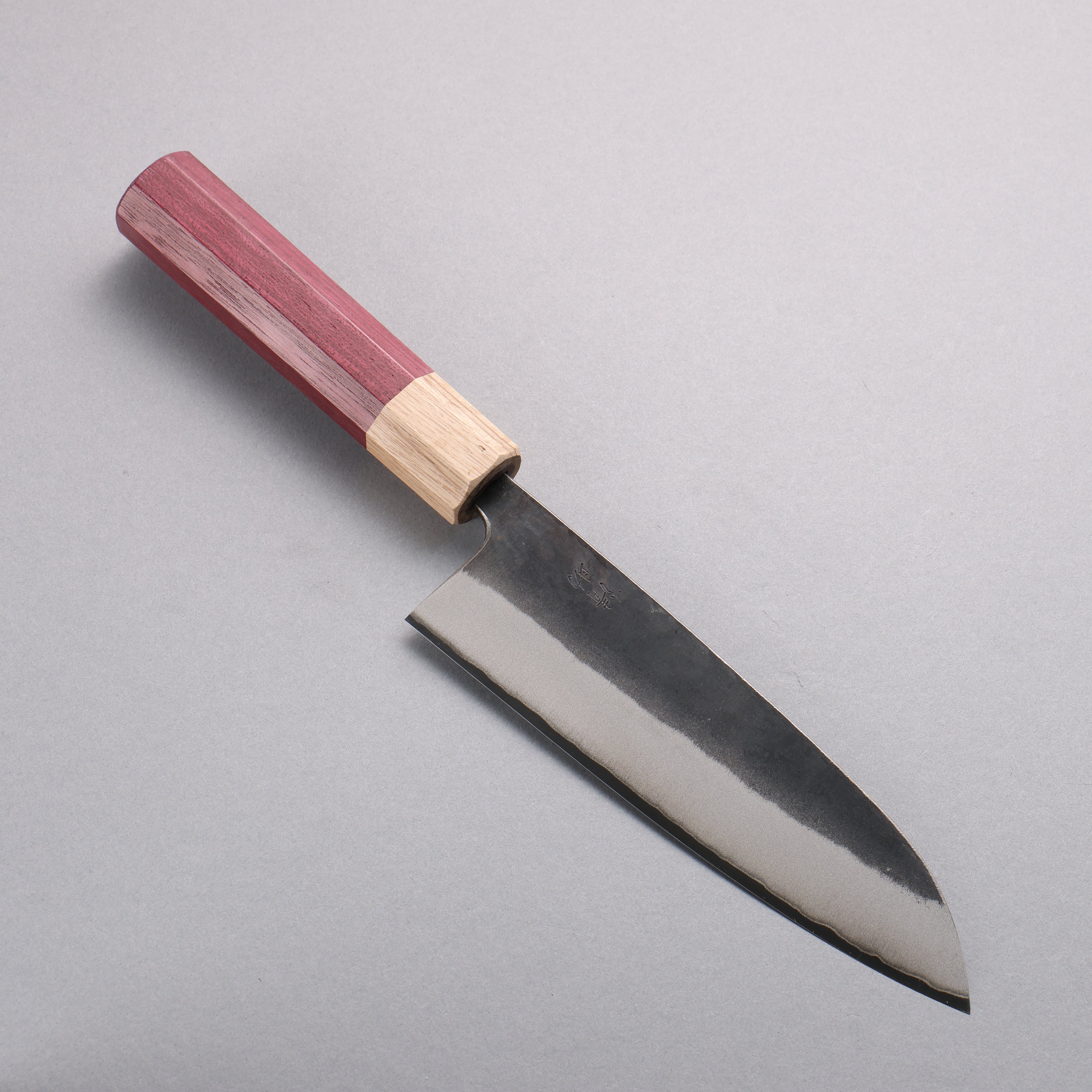 Premium Seisuke Blue Steel No.2 Santoku Knife 170mm - Black Finish, Purpleheart & Oak Handle - Professional Japanese Kitchen Knife for Slicing, Dicing & Chopping Vegetables, Meat & Fish