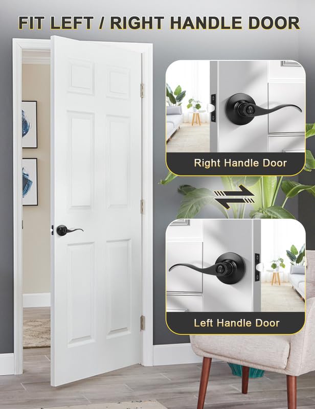 Mengico 5 Pack Black Interior Door Lock Set - Reversible Wave Lever Handles for Bedroom, Bathroom & Privacy Doors | Durable & Stylish Home Hardware Upgrade