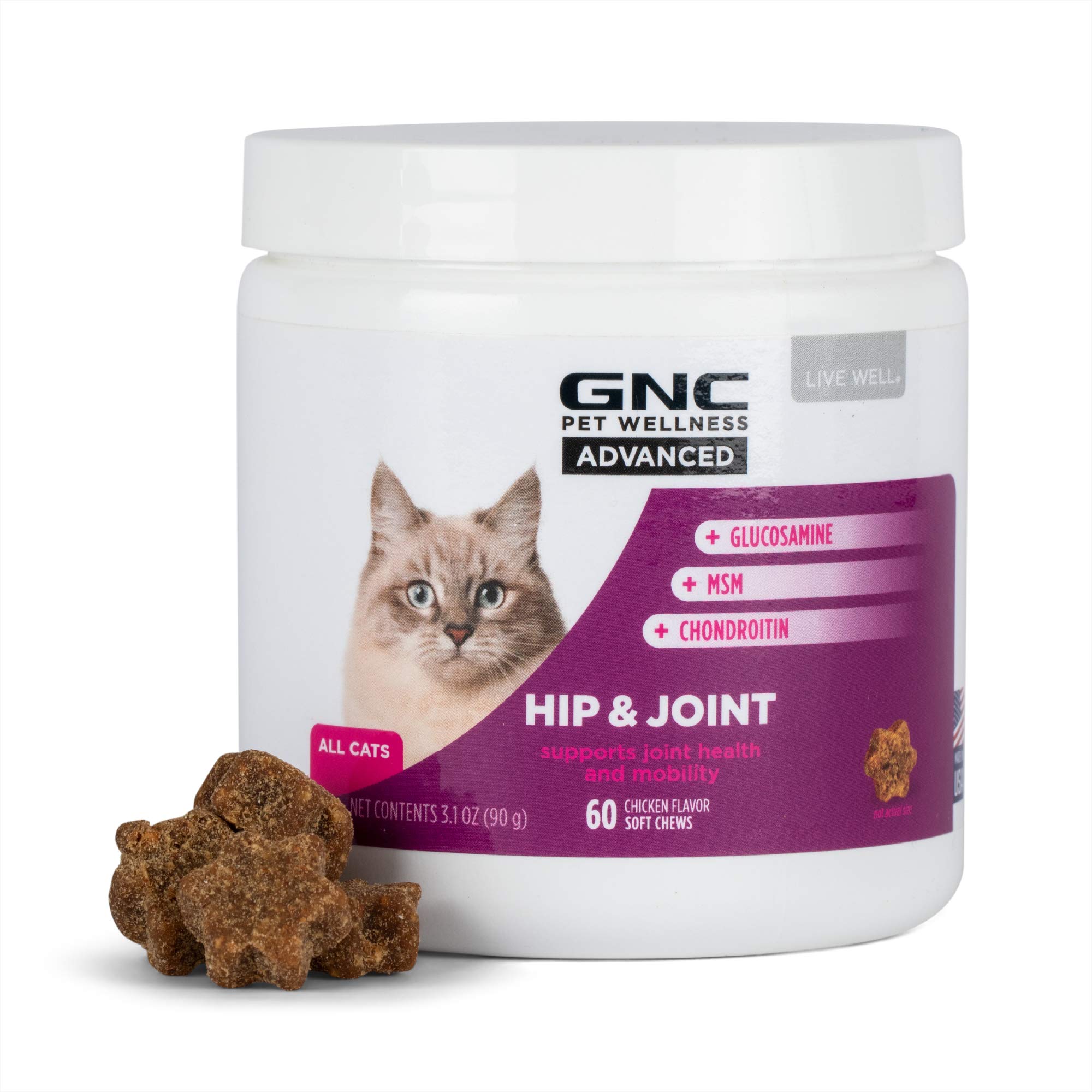 GNC Pets ADVANCED Hip & Joint Cat Supplements with Glucosamine, MSM & Chondroitin - 60 Soft Chews for Joint Support & Mobility | USA-Made Cat Health Treats | Perfect for Senior Cats & Felines with Arthritis