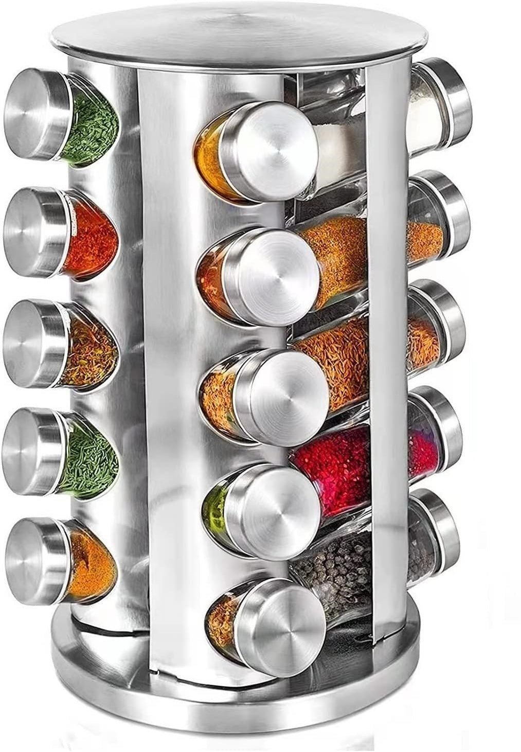 20-Jar Rotating Spice Rack Organizer with Pre-Filled Spice Jars - Stainless Steel Carousel Design for Kitchen Countertop | Space-Saving Spice Storage Solution for Home Cooking & Baking (K0026)
