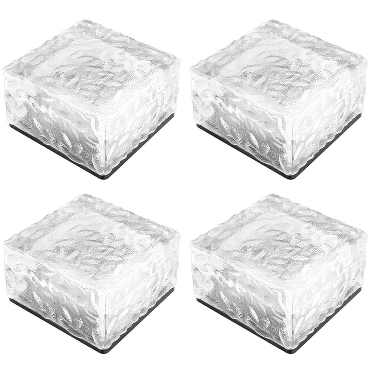 FEIJUN 4 Pack Solar Powered Glass Garden Path Lights - 6 LED Crystal Brick Paving Lights, Ice Cube Rocks for Courtyard, Pathway, Patio, Pond (Warm White) | Outdoor Landscape Lighting for Walkways, Driveways, Yard Decor
