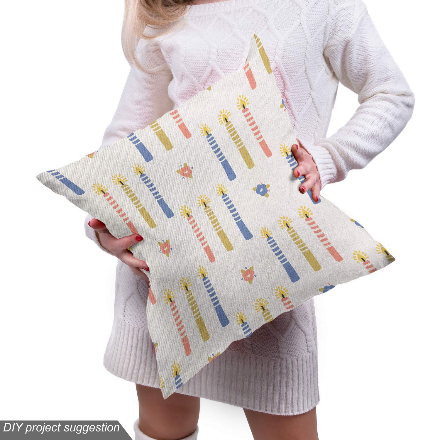 Ambesonne Abstract Fabric by The Yard - Vertical Candles & Floral Print Upholstery Fabric for Sofa, Curtains & Home Decor (10 Yards, Ceil Blue Dark Mustard) | Perfect for DIY Projects, Pillow Covers & Table Runners