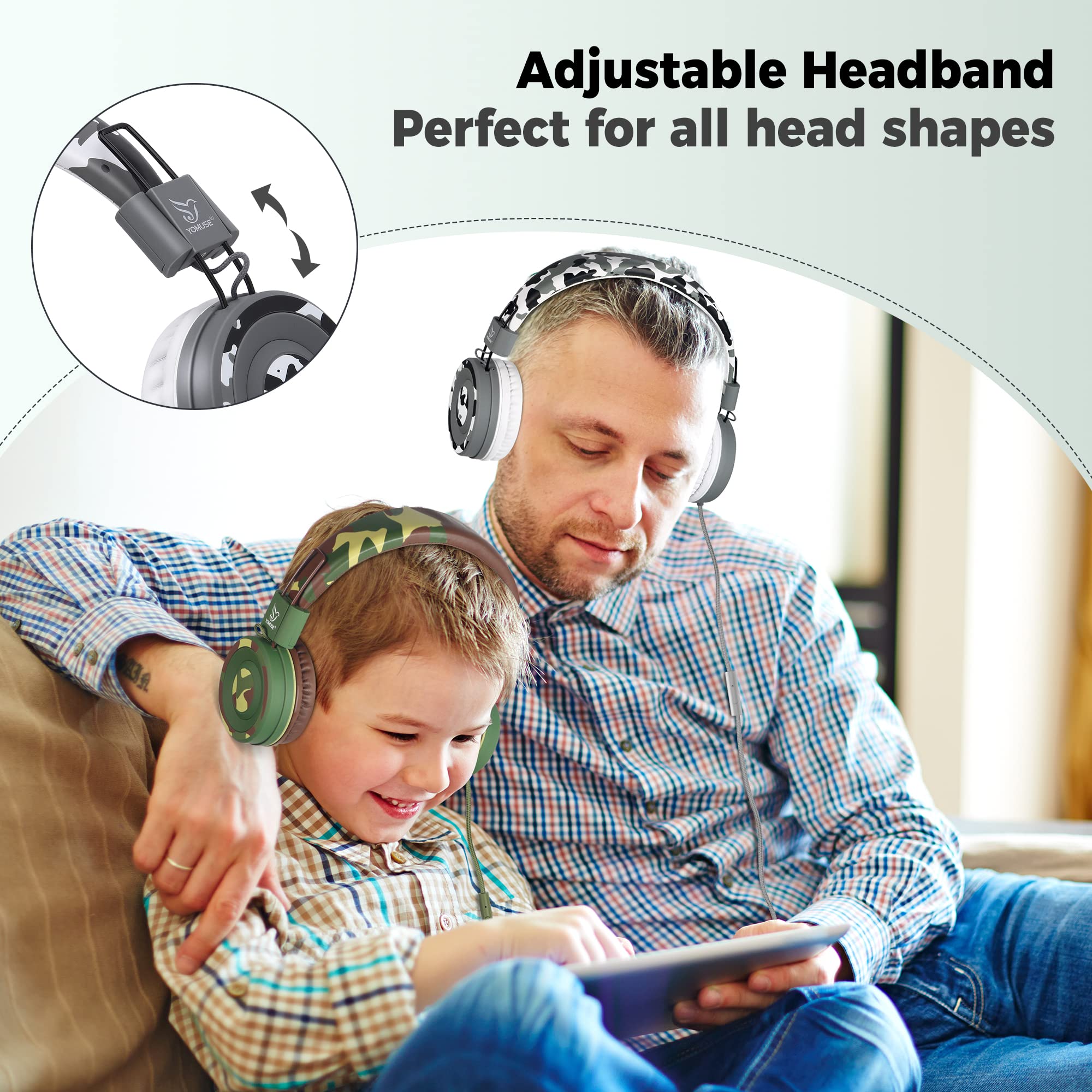 Yomuse C89 Kids Headphones with Microphone - Adjustable, Foldable On-Ear Wired Headphones for School, Travel - Boys, Girls, Adults (Camo Grey) - Perfect for Online Classes, Gaming & Airplane Trips
