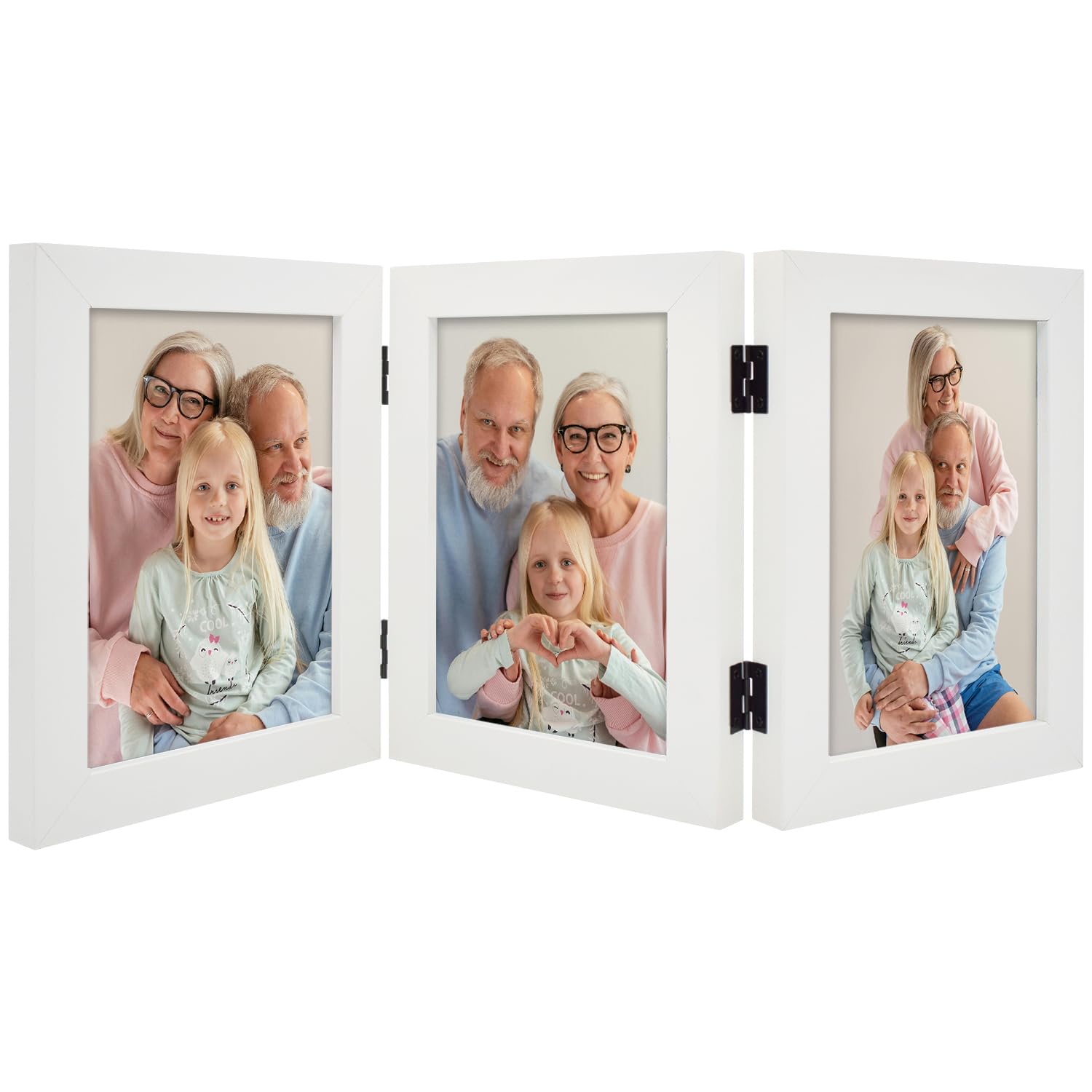 Frametory 5x7 Triple Picture Frame - Trifold Collage Photo Frame with Glass Front, Hinged Tabletop Display for Home & Office Decor (White, 1 Pack) - Perfect for Family Photos, Wedding Memories & Graduation Pictures