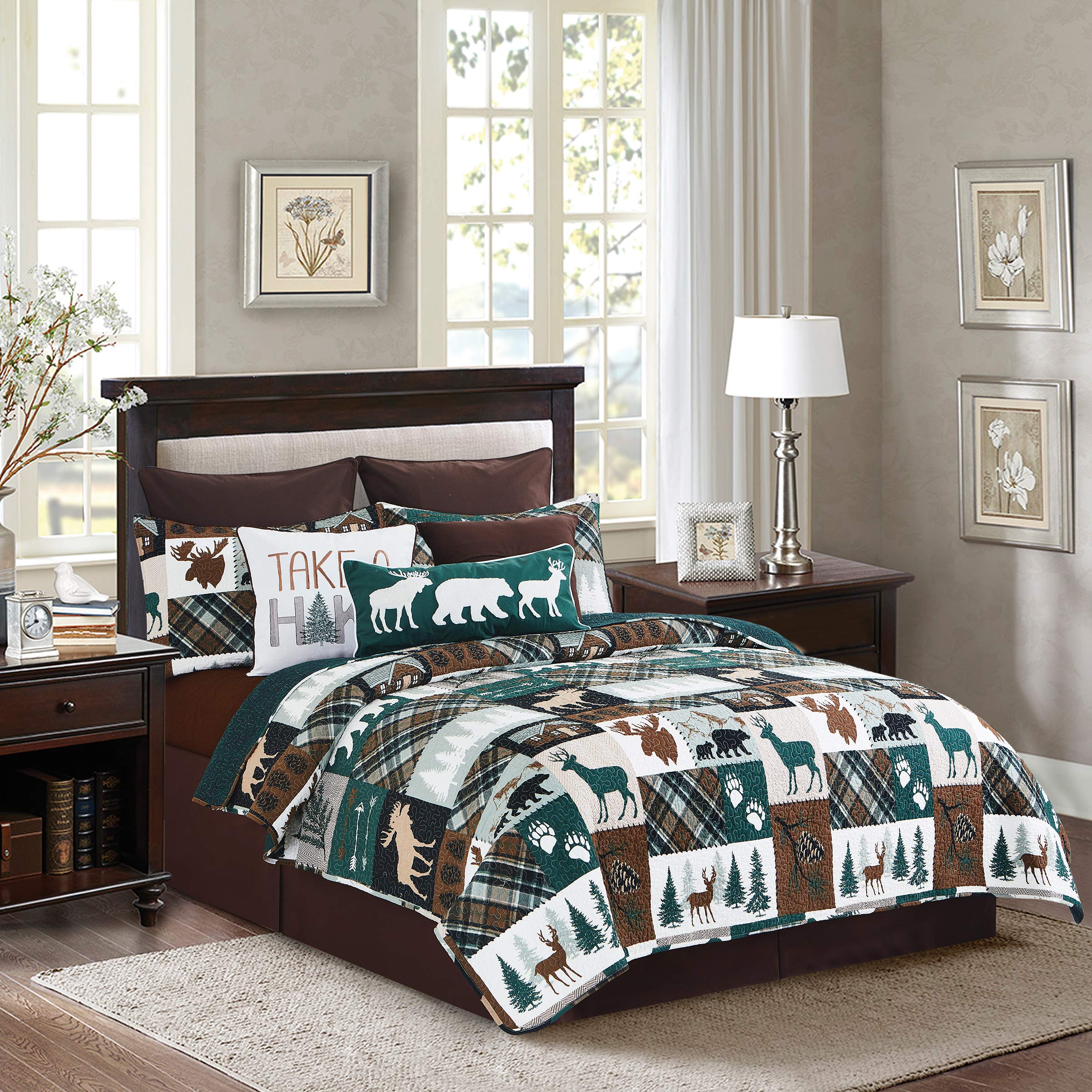 C&F Home Fletcher Forest Patchwork Reversible Quilt Set - Full/Queen Size 3-Piece Set - Machine Washable 100% Cotton - Lodge & Wilderness Style - Hatched Green & Brown    Perfect for cozy cabins, rustic bedrooms, or adding a warm woodland touch to your home decor.