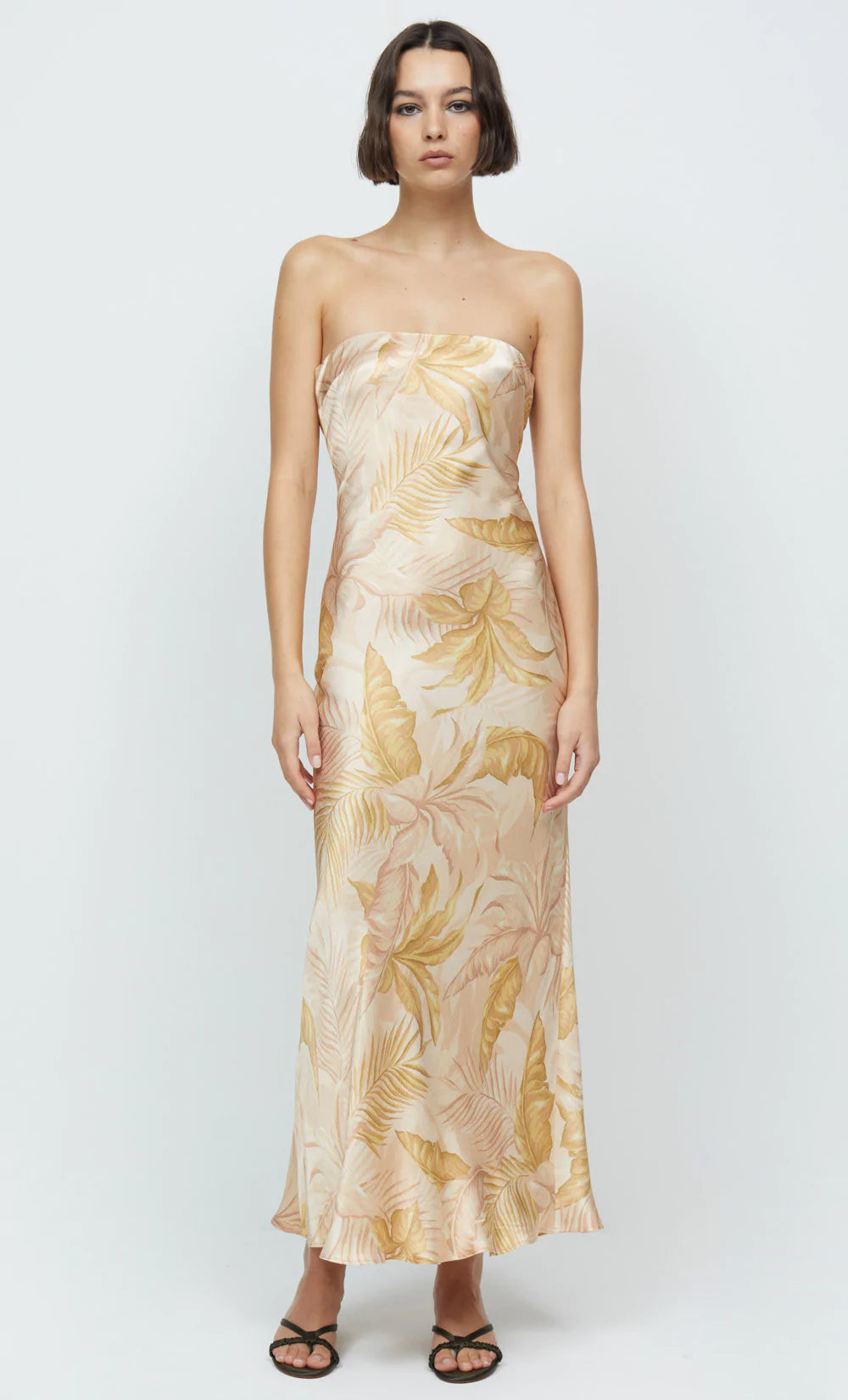Dusty Palms Strapless Maxi Dress - Elegant Flowy Beach Wedding Gown for Women - Perfect for Summer Vacations, Boho Bridal Showers & Tropical Getaways