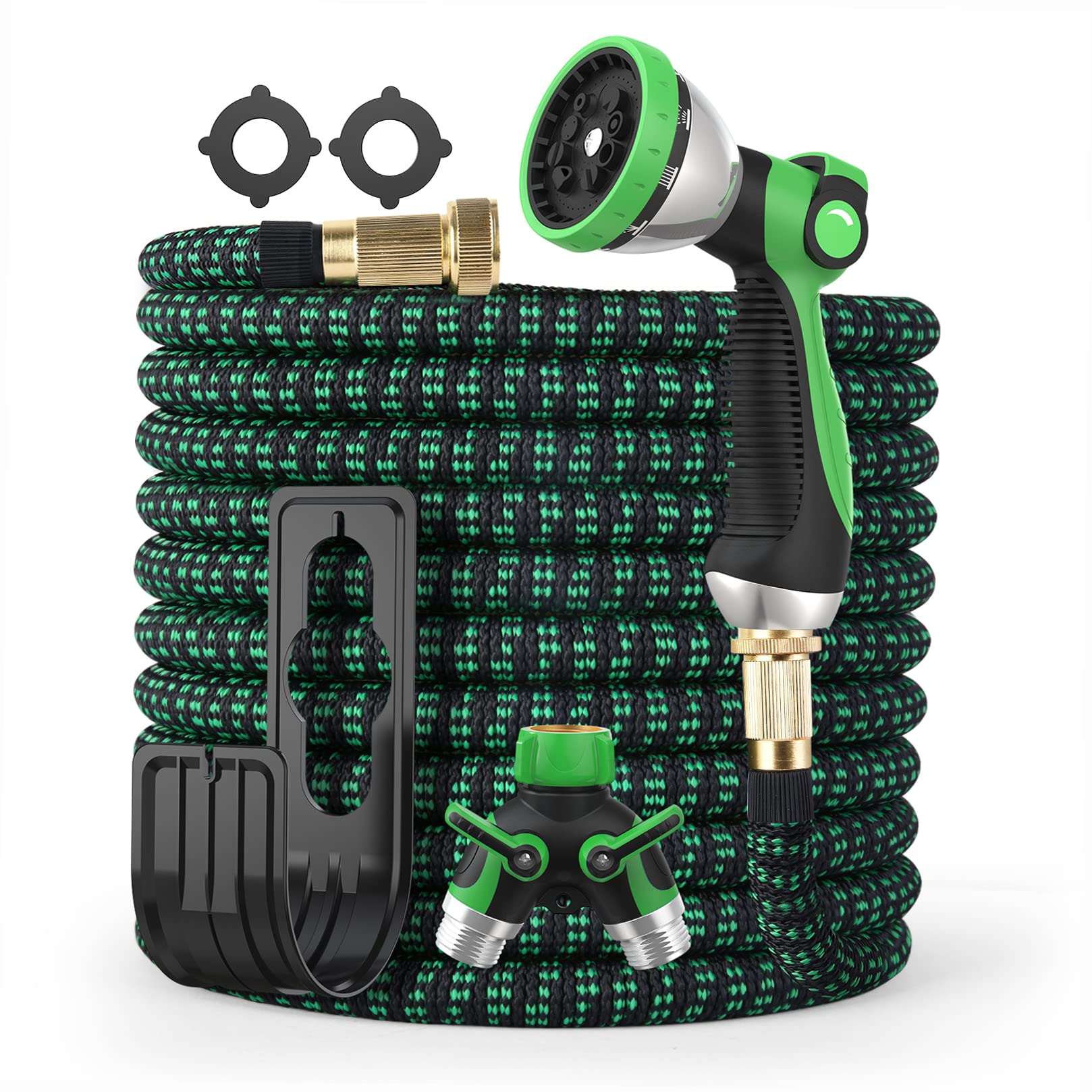 75FT Expandable Garden Hose - Durable Flexible Water Hose with 10-Way Zinc Sprayer, 2-Way Splitter & Hanger - Double Layer Latex Core & Solid Brass Fittings - Perfect for Watering Plants, Washing Cars & Outdoor Cleaning