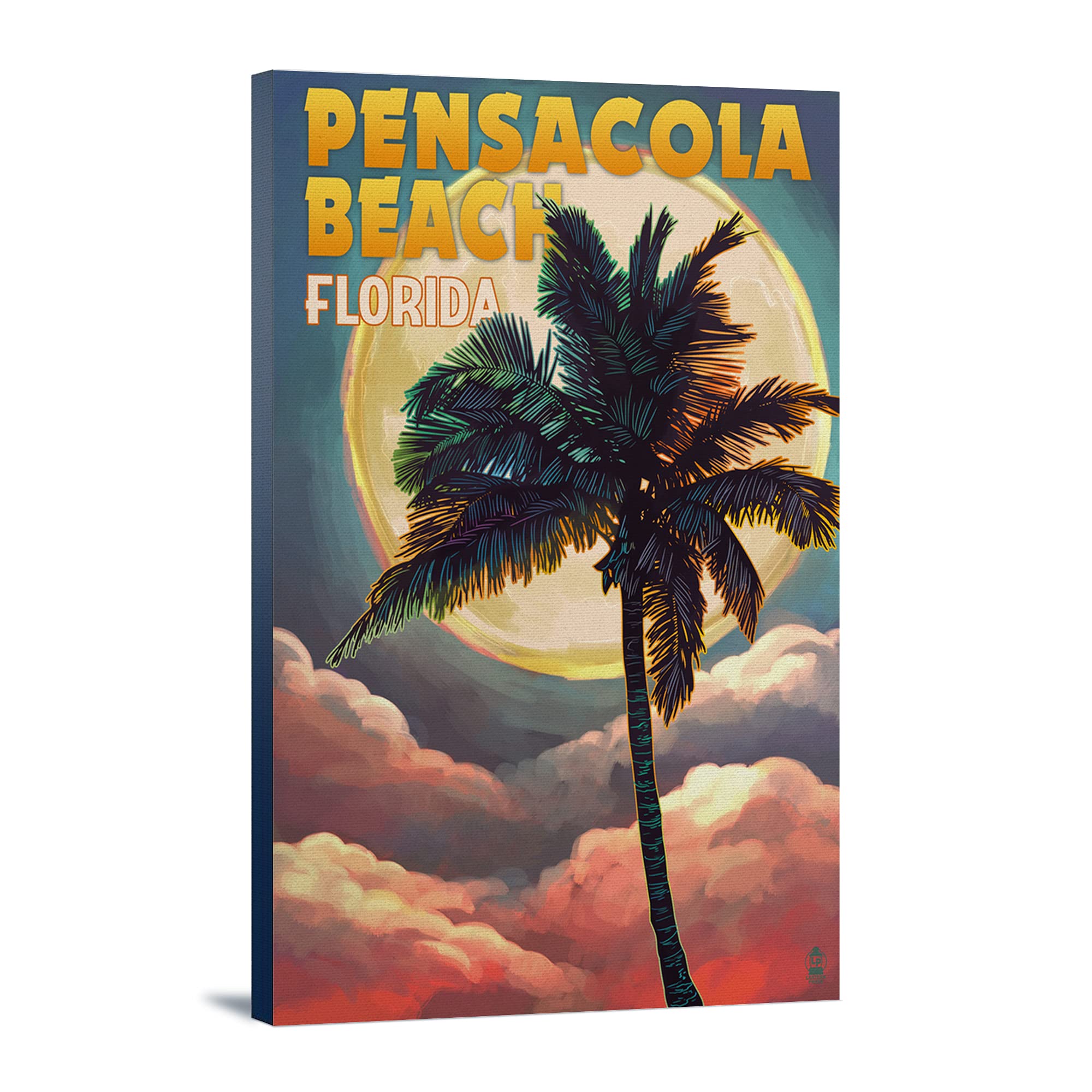 Pensacola Beach Florida Palm Tree and Moon Wall Art - 24x36 Gallery Wrapped Canvas Print - Coastal Decor for Living Room, Bedroom & Office