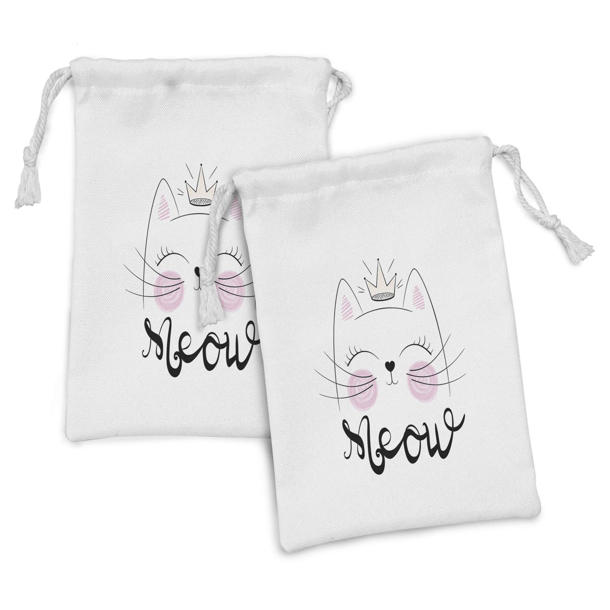 Ambesonne 2-Pack Cat Fabric Drawstring Pouch Set - Hand-Drawn Crown Kitten Cartoon Design, Small 9