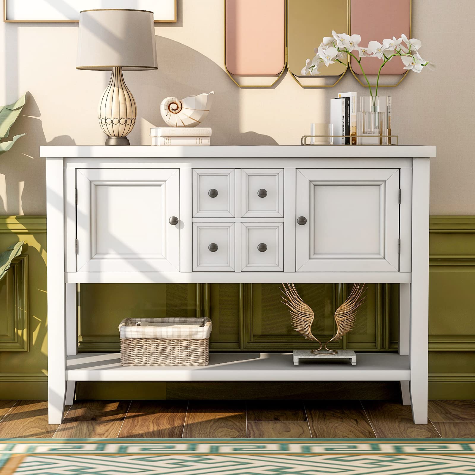Rustic White Console Table with 4 Drawers & Open Shelf - Entryway Sideboard, Buffet Storage Cabinet for Living Room | Distressed Finish, Easy Assembly | Perfect for Hallway Decor, Farmhouse Dining Room Storage & Entry Organizer