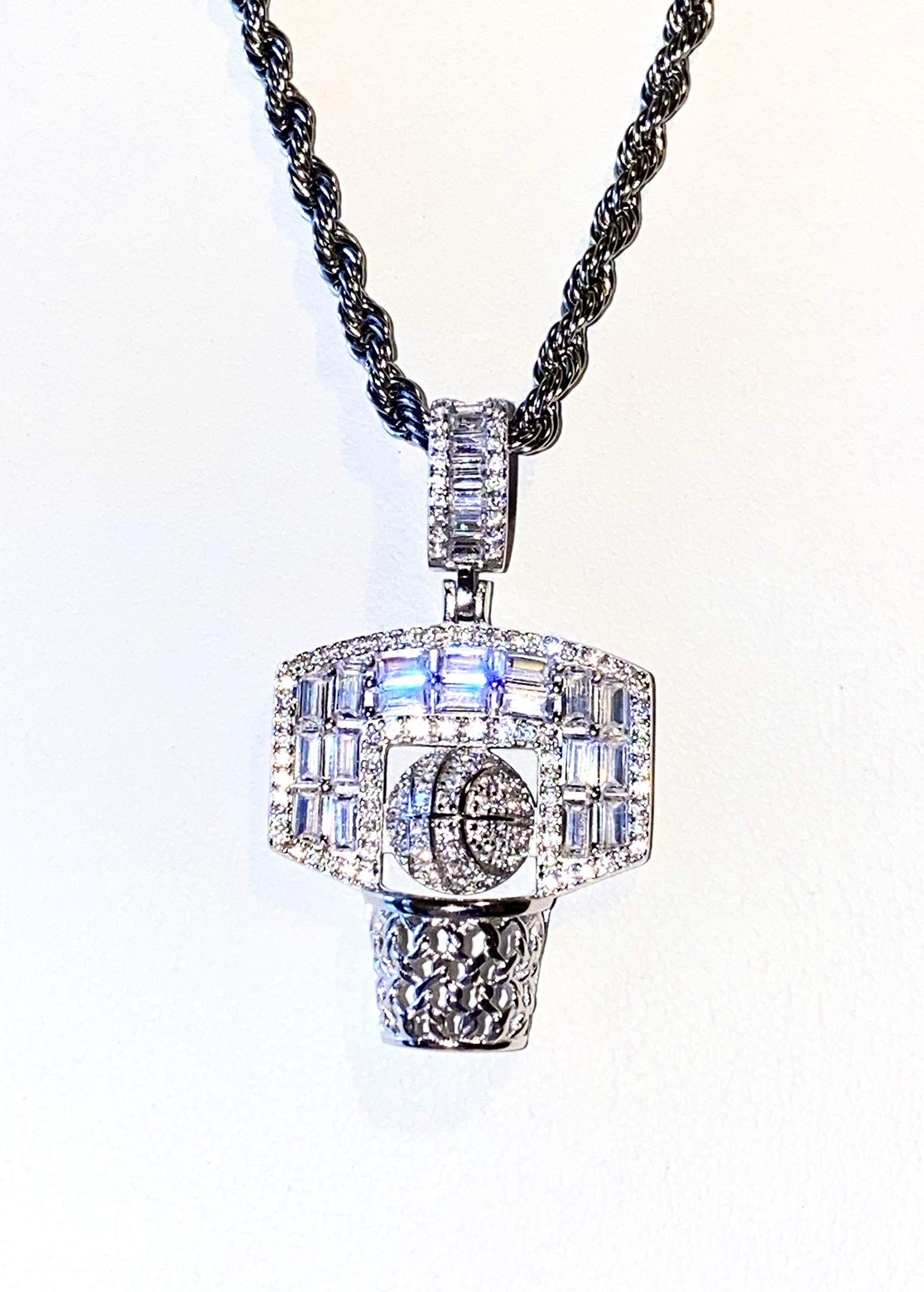 925 Sterling Silver Iced Out Pendant Necklace for Men & Women - Italy White Gold Finish Baguette Basketball Charm with 2mm Stainless Steel Rope Chain (16