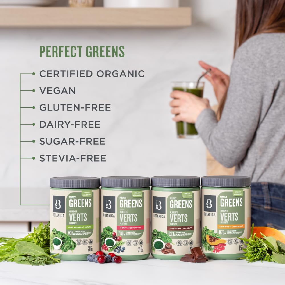 Botanica Health Perfect Greens Powder - Berry Flavor | 7140mg Superfood Blend with Chlorella, Spirulina, Barley & Wheat Grass | Vegan, Non-GMO, Gluten-Free, Stevia-Free Supplement | 27 Servings | Ideal for Smoothies, Juices & Daily Wellness Routine