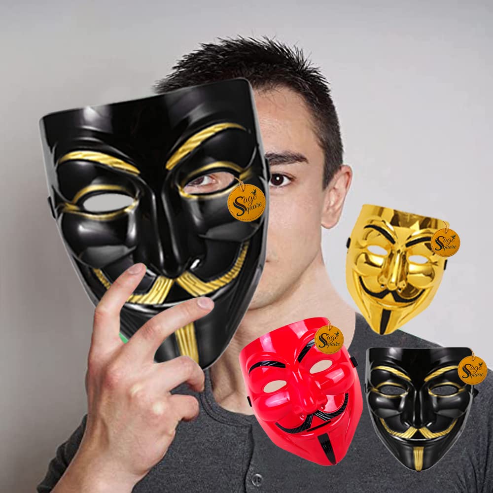 V for Vendetta Cosplay Mask Set - Sage Square Black, Golden & Red Fawkes Mask - Anonymous VIP Edition - Perfect Fit Halloween Costume & Protest Accessory (3-Pack)