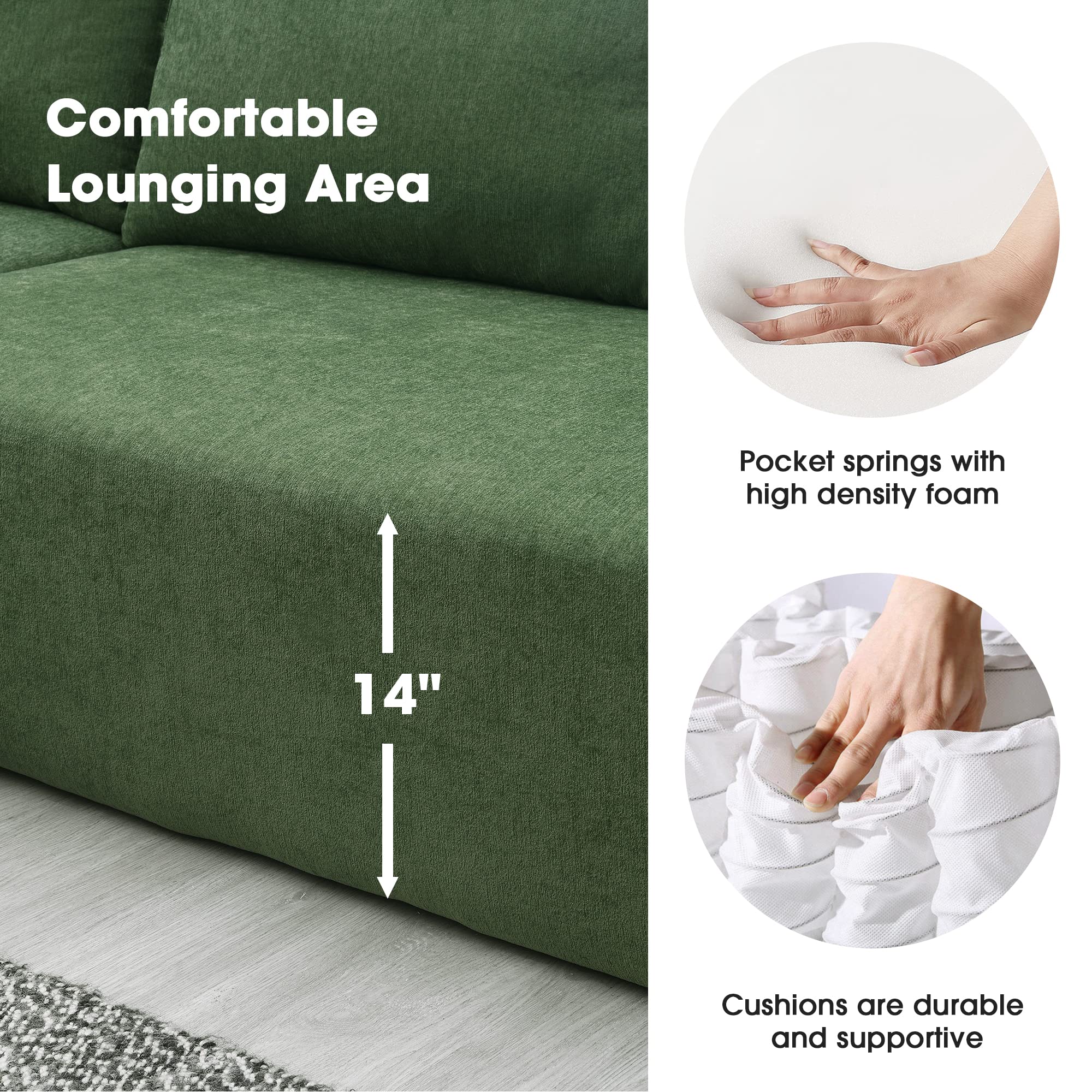 Bellemave Modular Sectional Sofa Set - L-Shaped Sleeper Sofa with 2 Throw Pillows, Modern Upholstered Convertible Couch, Minimalist Living Room Furniture for Small Spaces (Green) | Perfect for Apartments, Lofts & Cozy Home Decor