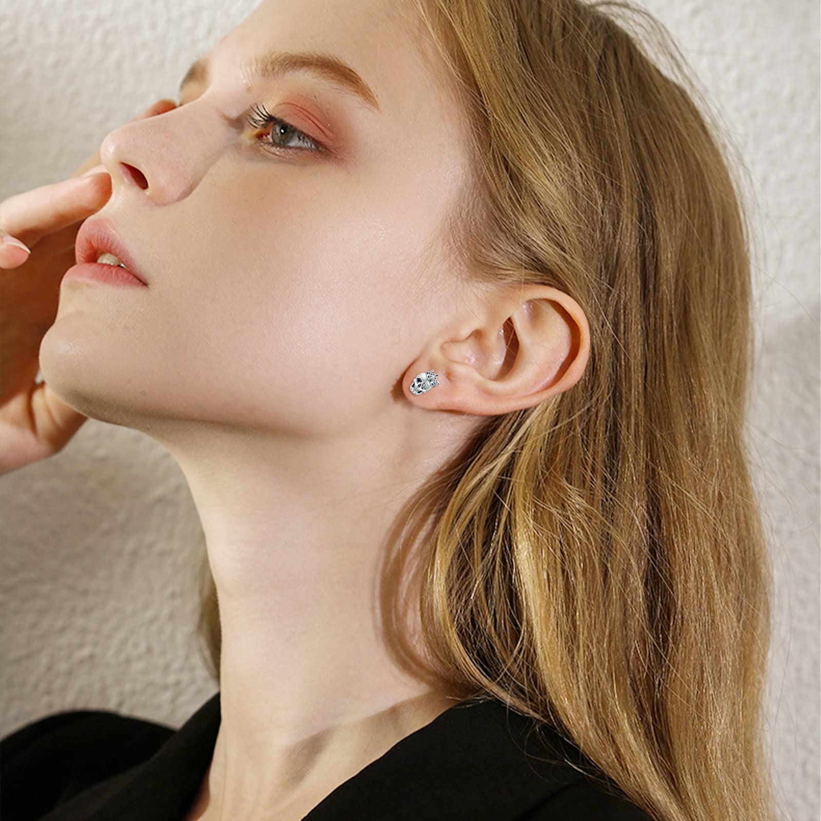Sterling Silver Skull Flower Stud Earrings with CZ Stones - Gothic Punk Jewelry for Men & Women - Perfect Gift for Father's Day, Mother's Day, Halloween & Alternative Fashion Lovers