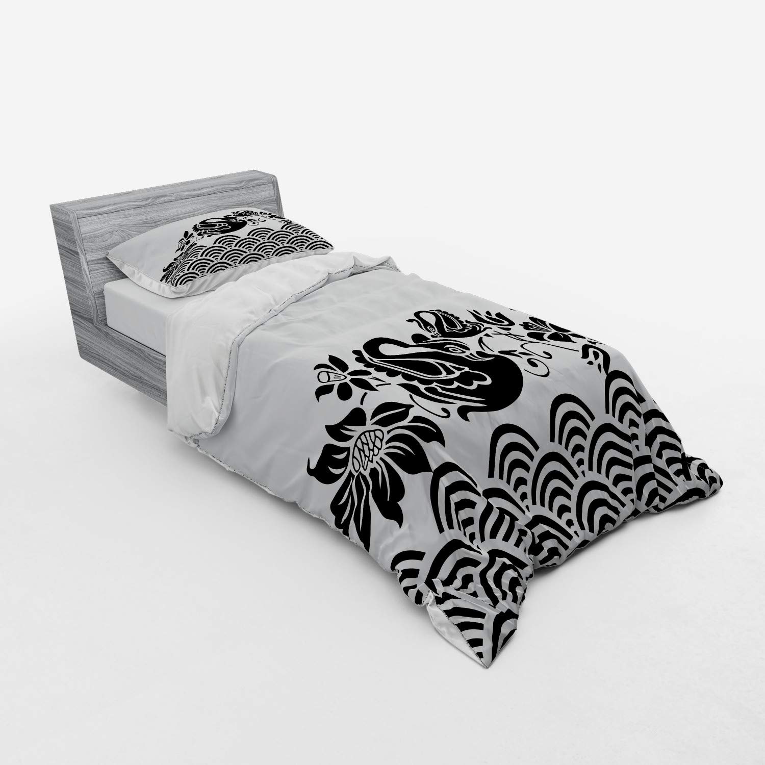 Ambesonne Black and White Swan Duvet Cover Set - 3 Piece Twin XL Bedding with Abstract Wave & Floral Design - Perfect for Master Bedroom, Guest Room, and Romantic Couples Bedding Decor