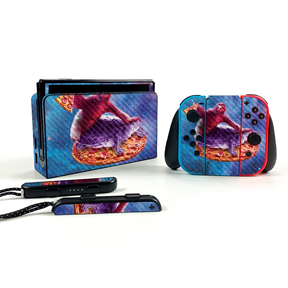 Premium Carbon Fiber Skin for Nintendo Switch OLED - Sloth Turtle Pizza Design | Protective & Durable Textured Cover | Easy Application | Made in USA | Perfect for Gaming Protection & Style Enhancement