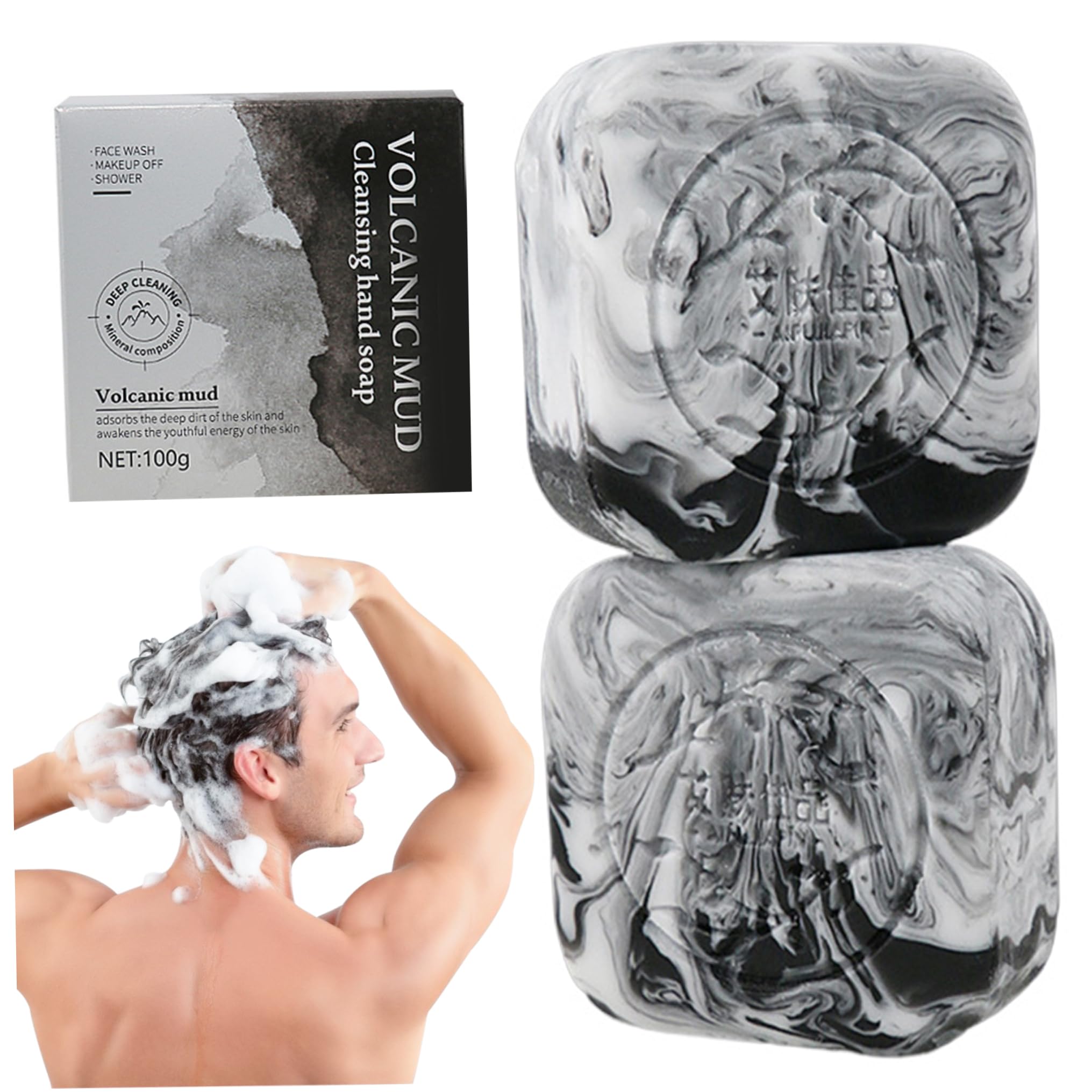 **2-Pack 100g Volcanic Clay & Charcoal Soap Bar for Acne-Prone Skin - Natural Oil Control & Moisturizing Face & Body Wash for Men & Women - Deep Cleansing Scalp, Face & Body Care - Ideal for Oily Skin, Blackheads & Breakouts**