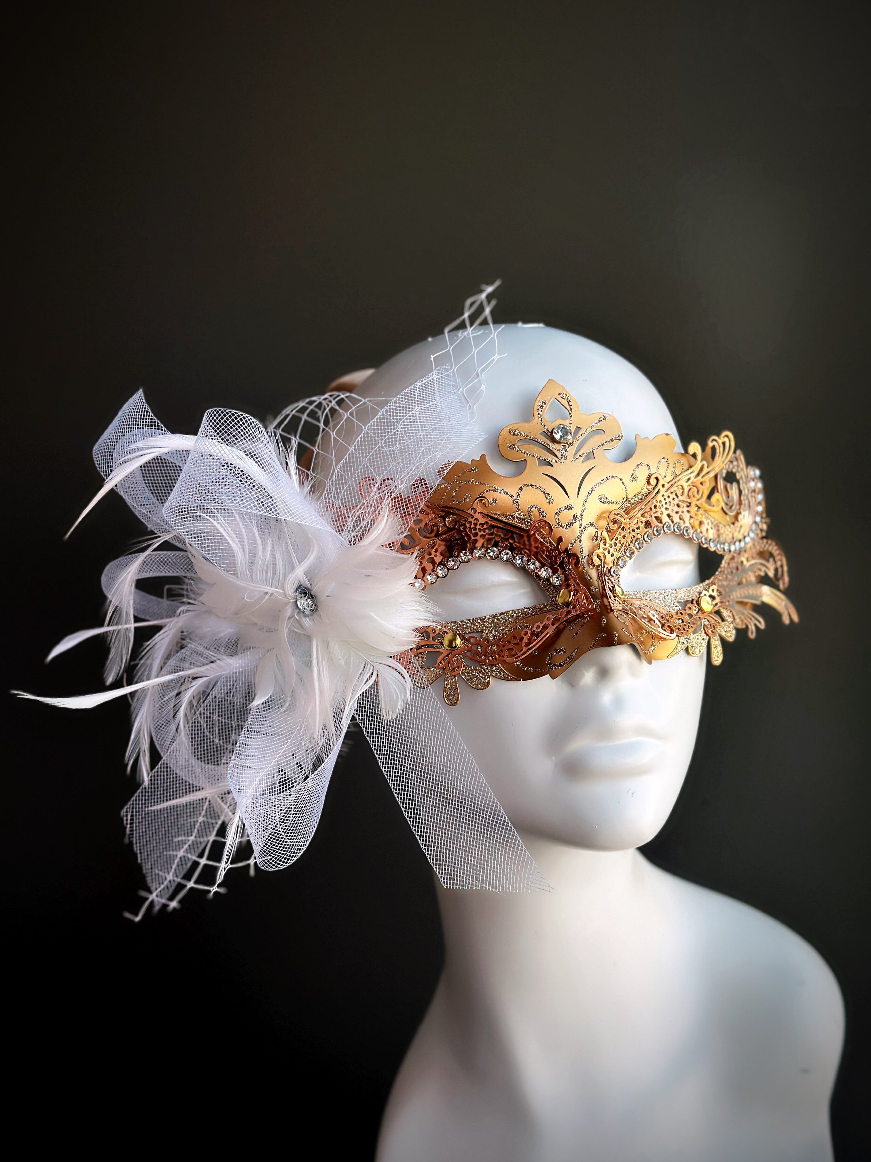 Duca Feather Mask with Gold & White Jeweled Bow - Elegant Venetian Style Masquerade Mask for Costume Parties, Halloween, Mardi Gras, and Ball Events