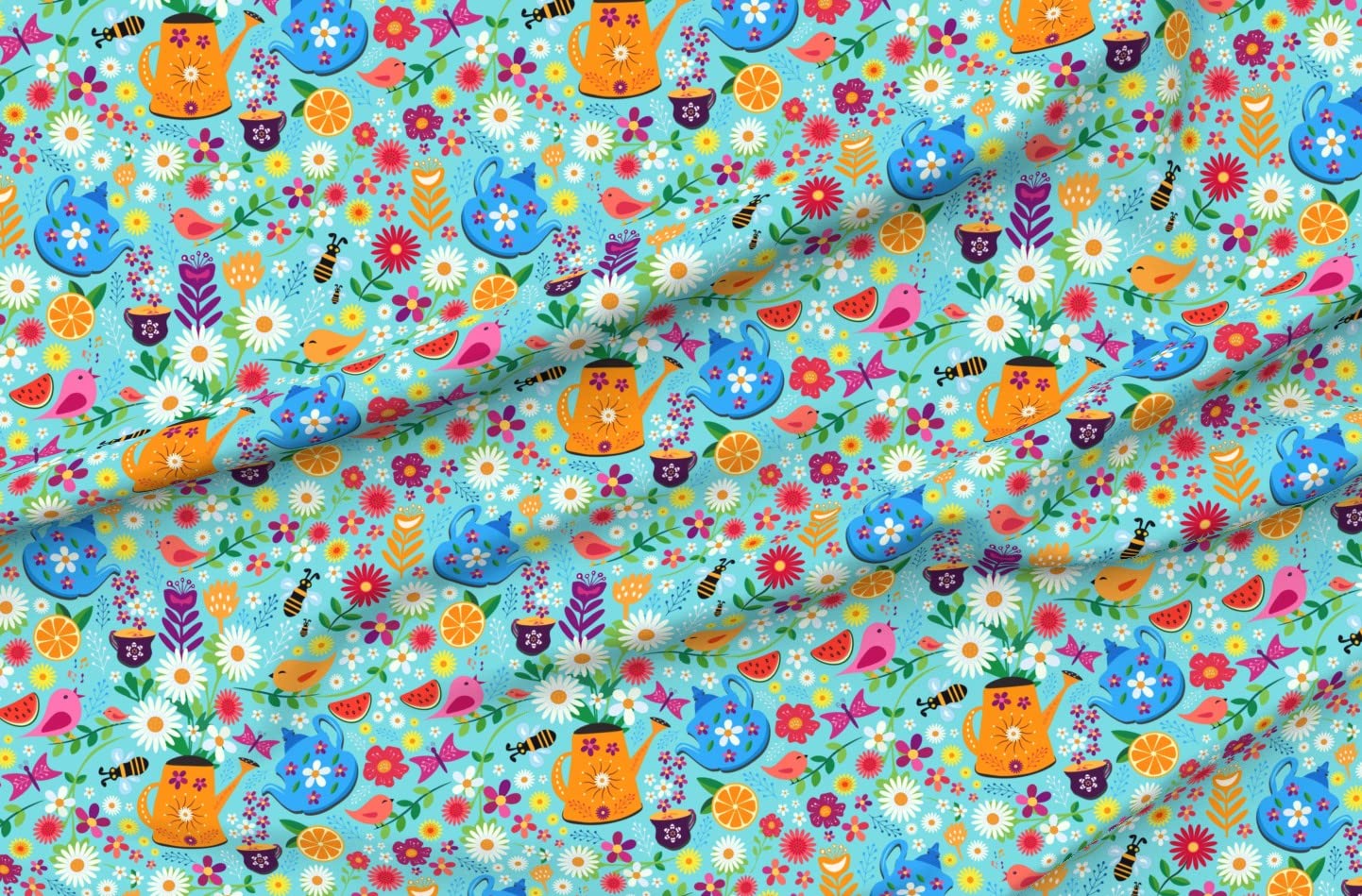 Spring Garden Tea Party Floral Birds Scandi Picnic Printed Chiffon Fabric Fat Quarter - Premium Spoonflower Fabric for Sewing Dresses, Fashion Apparel & Home Decor - Perfect for DIY Projects, Quilting, and Tablecloth Designs