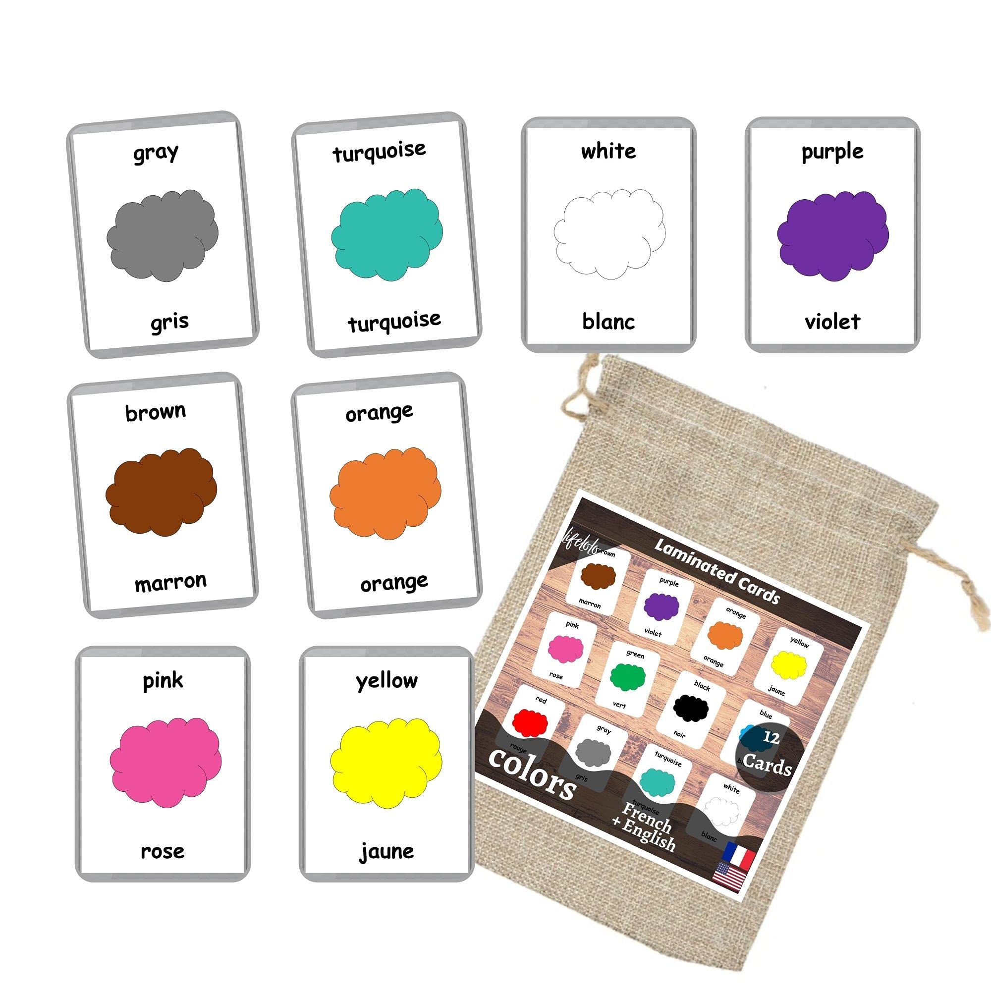 12 Bilingual Flash Cards - English & French | Montessori & Homeschooling Educational Materials | Colors Learning for Kids | Classroom & Home Use