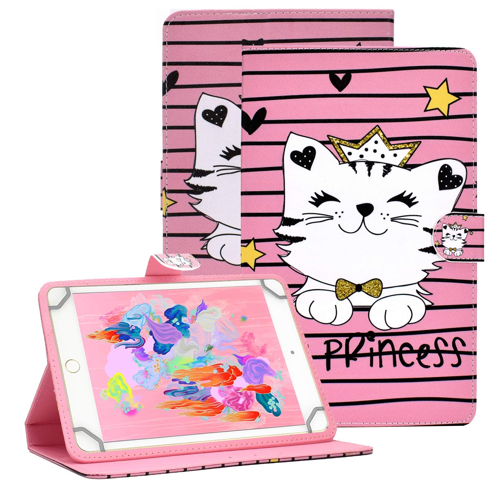 Universal Tablet Case for 9.6-10.5 Inch Tablets - Cute Pink Cat Stand Wallet Cover Compatible with Samsung Tab E/S2/S3, Apple iPad, Lenovo, Dragon Touch, Asus ZenPad, Huawei - Perfect for Work, School & Travel