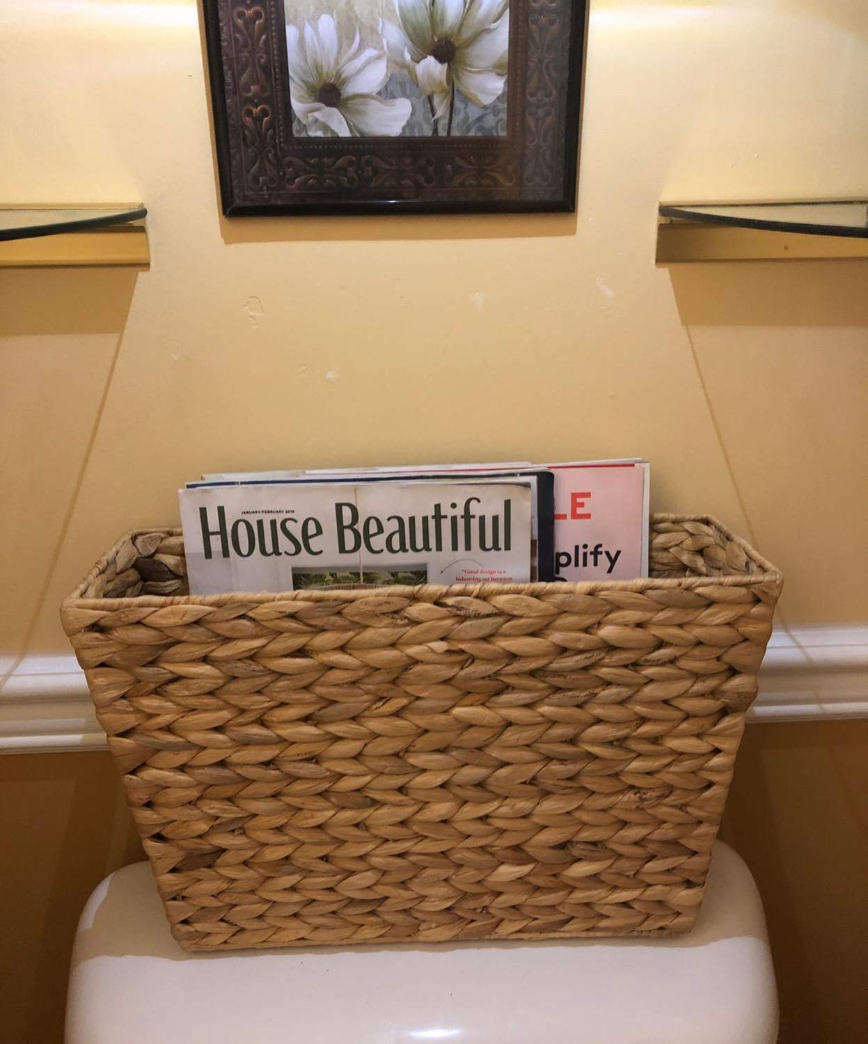 Yesland Hand-Woven Natural Water Hyacinth Magazine Basket - 15.5 x 5.5 x 9.75 Inch Narrow Wicker Storage Bin for Home Office Desk - Perfect for Organizing Magazines, Books & Office Supplies in Living Room or Workspace