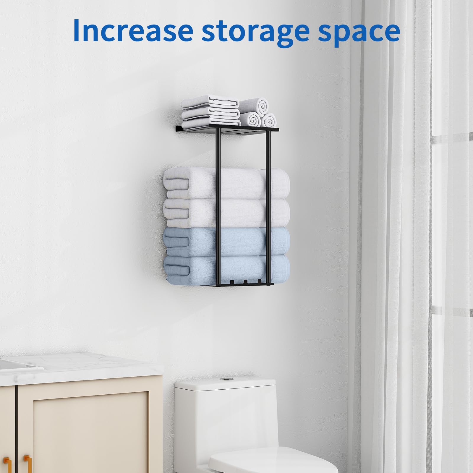 Sturdy Metal Wall Mounted Towel Rack for Bathroom - Rustproof Towel Holder with Hooks for Large & Rolled Towels | Space-Saving Bathroom Storage Solution (Black) - Perfect for Small Bathrooms, Spa-Like Showers & Organized Powder Rooms