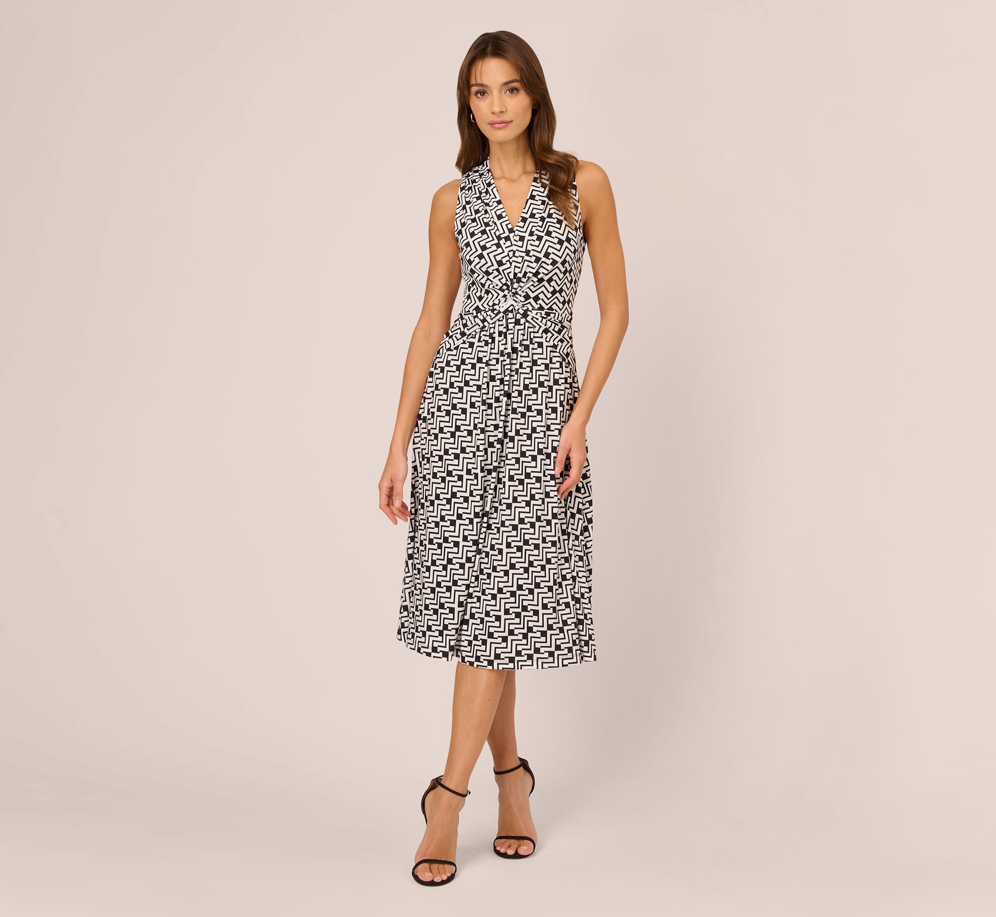 Sleeveless Geo Print Midi Dress with Knotted Detail in Black & White - Perfect for Summer Parties, Beach Vacations, and Casual Outings