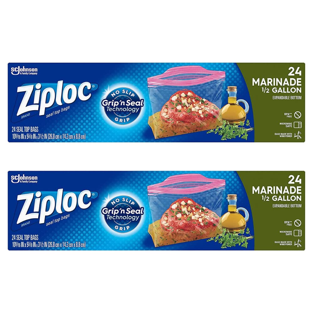Premium Ziploc Marinade Bags - 1/2 Gallon (24 Count, 2 Pack) | Reusable Food Storage Bags for Meal Prep, Sous Vide, Freezing & Refrigerating | Perfect for Marinating Meats, Vegetables & Meal Planning