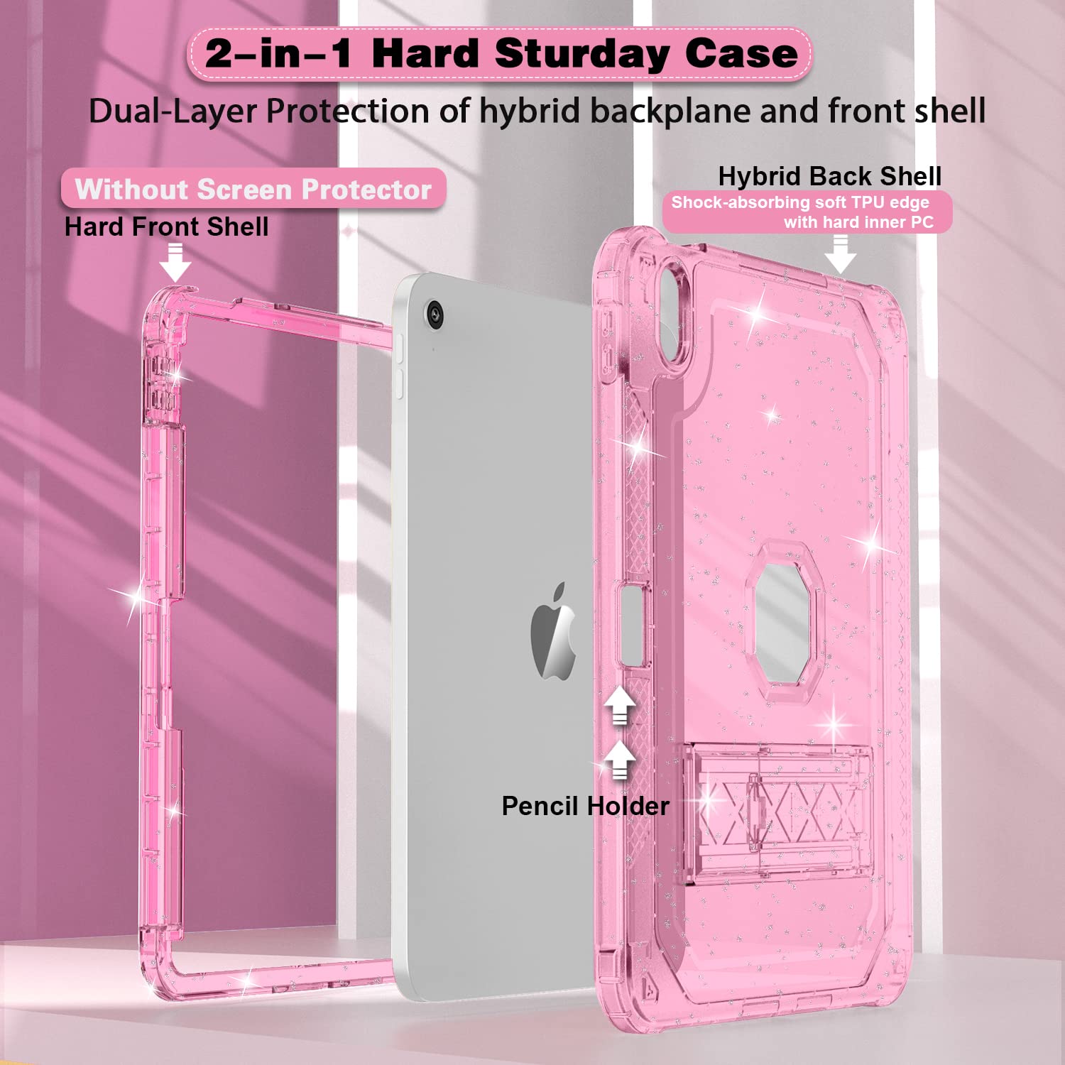 Shockproof Rugged iPad Case for iPad 11-inch (A16) 2025 & iPad 10th Gen 10.9 inch 2022 - Heavy Duty Protective Cover with Pencil Holder, Translucent Kickstand & Glitter Design - Perfect for Kids, Travel & Everyday Use