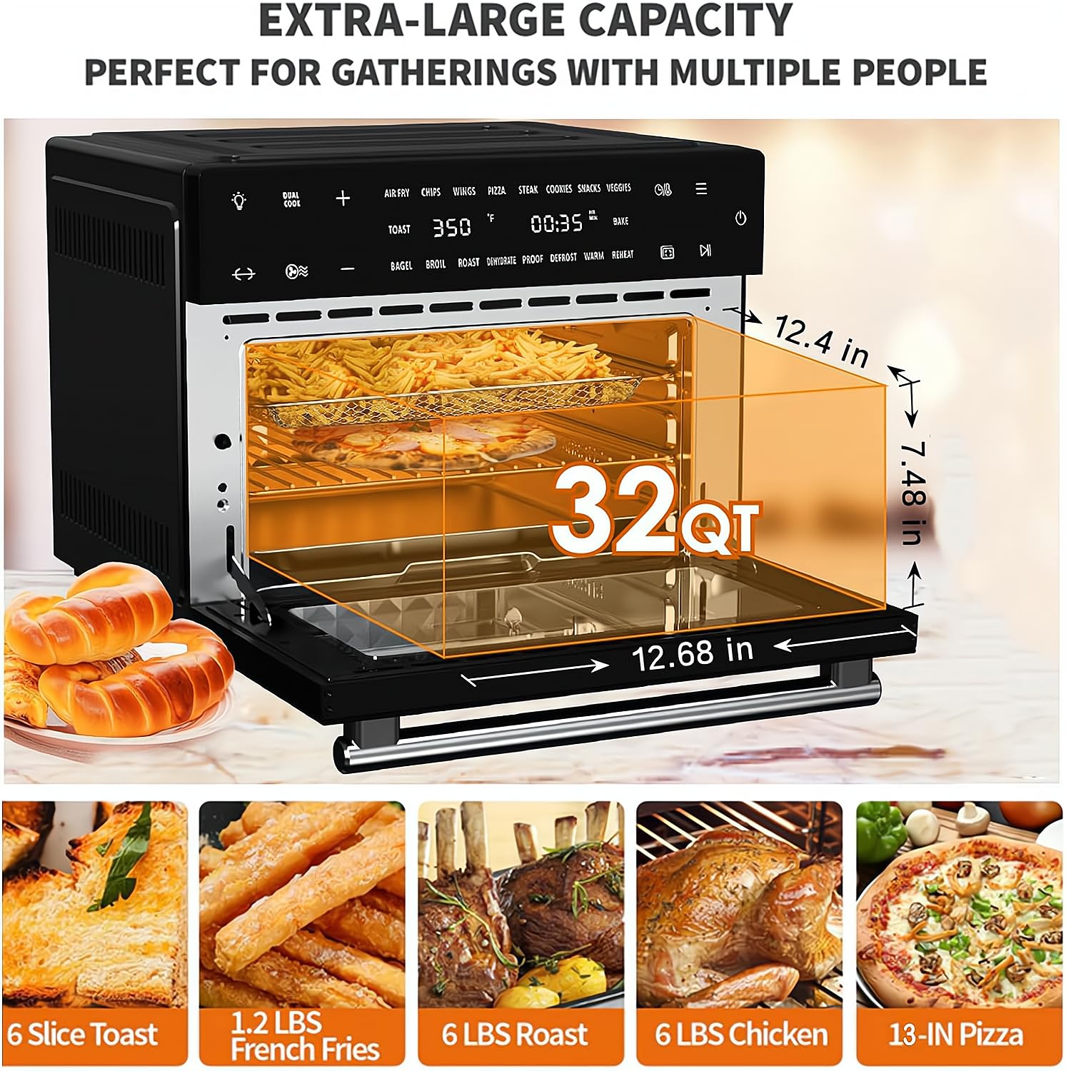 32 QT Extra Large Toaster Oven Air Fryer Combo - 18-in-1 Convection Countertop Oven with Baking, Dehydrating & Rotisserie Functions - 1800W Powerful 6-Piece Accessory Set for Roasting, Broiling & Meal Prep - Perfect for Small Kitchens, Dorms & RV Cooking